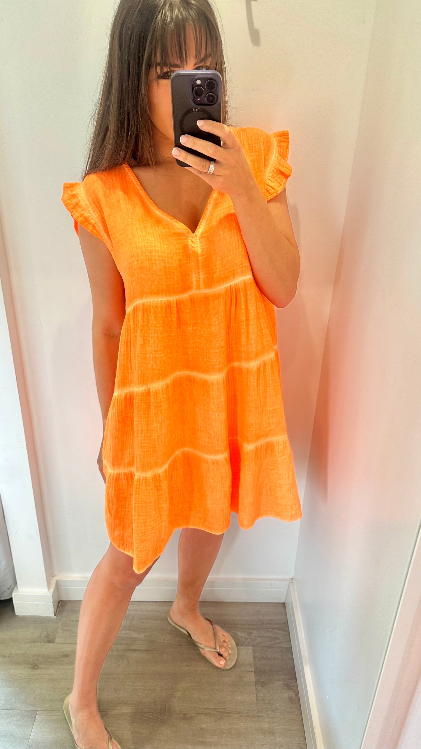 ORANGE V NECK FRILL SLEEVE TIERED CHEESECLOTH DRESS