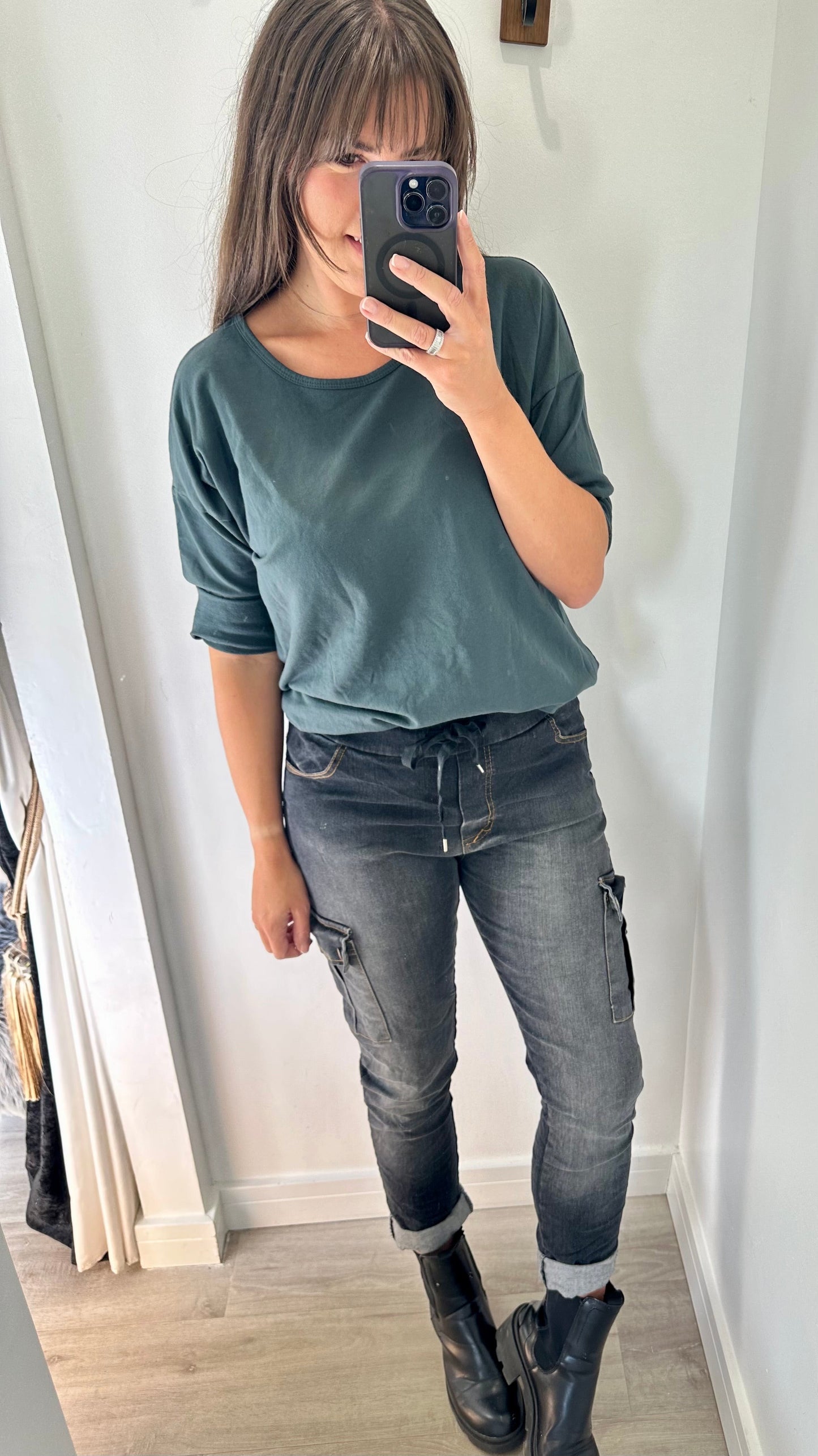 CHARCOAL ROLL SLEEVE SWEAT TOP