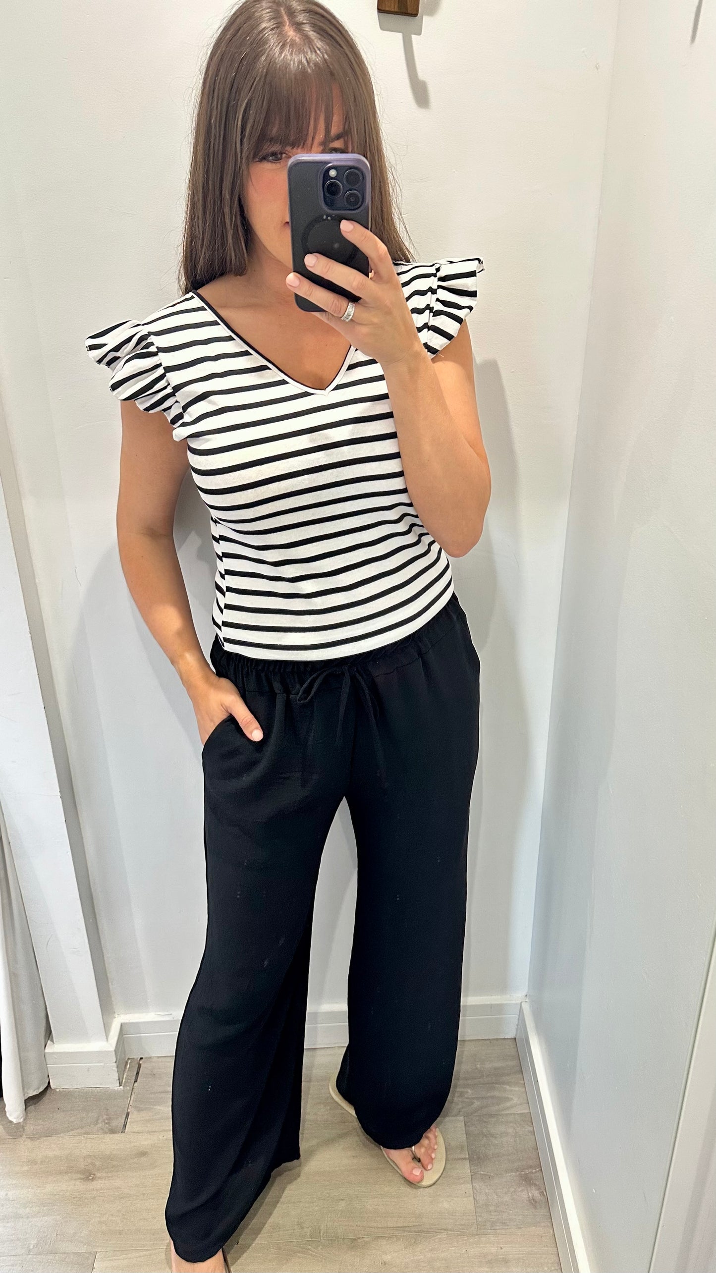 BLACK AND WHITE STRIPE FRILL SLEEVE V-NECK TOP
