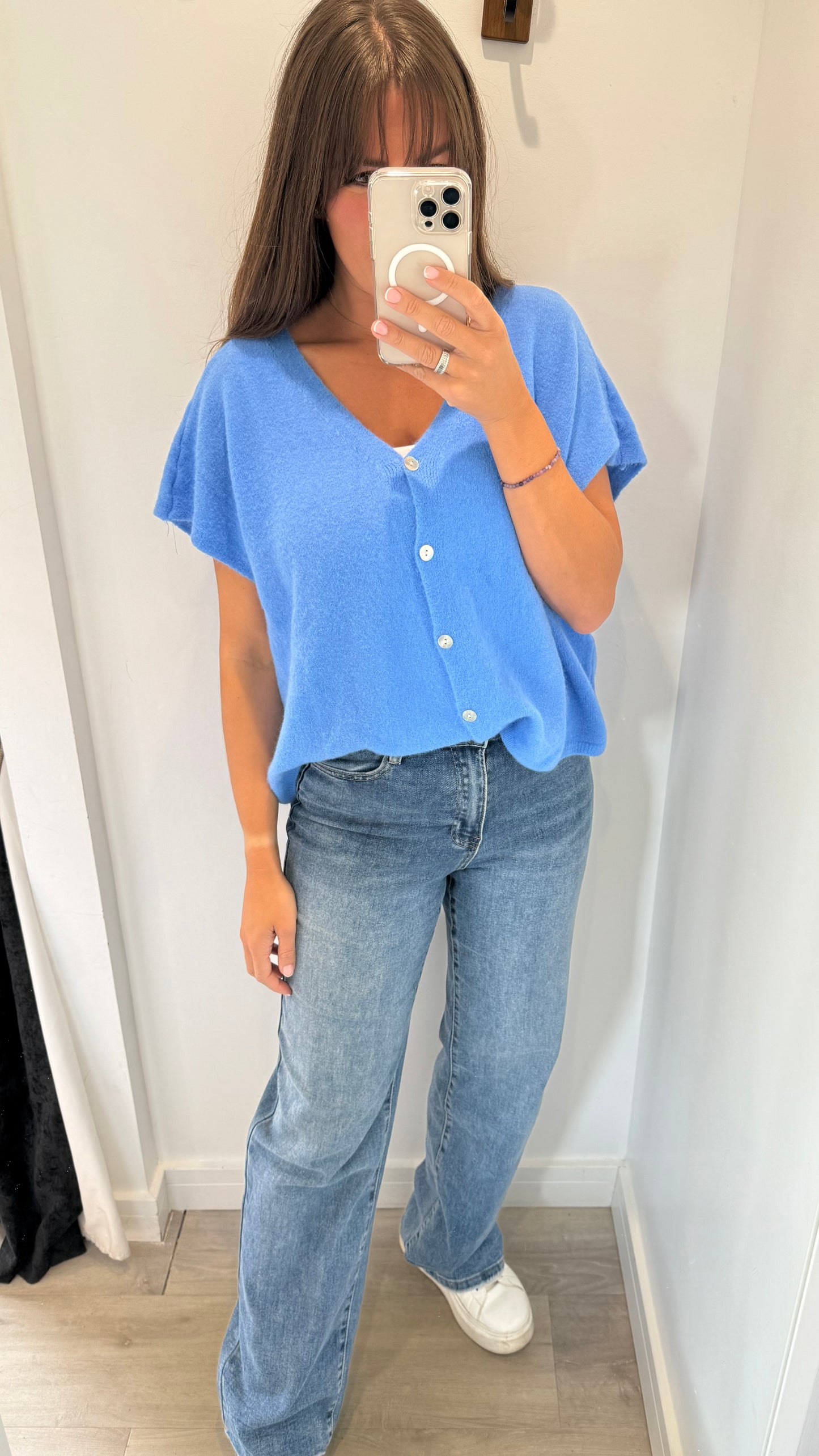 BLUE DEEP V BOXY SLEEVELESS CARDIGAN