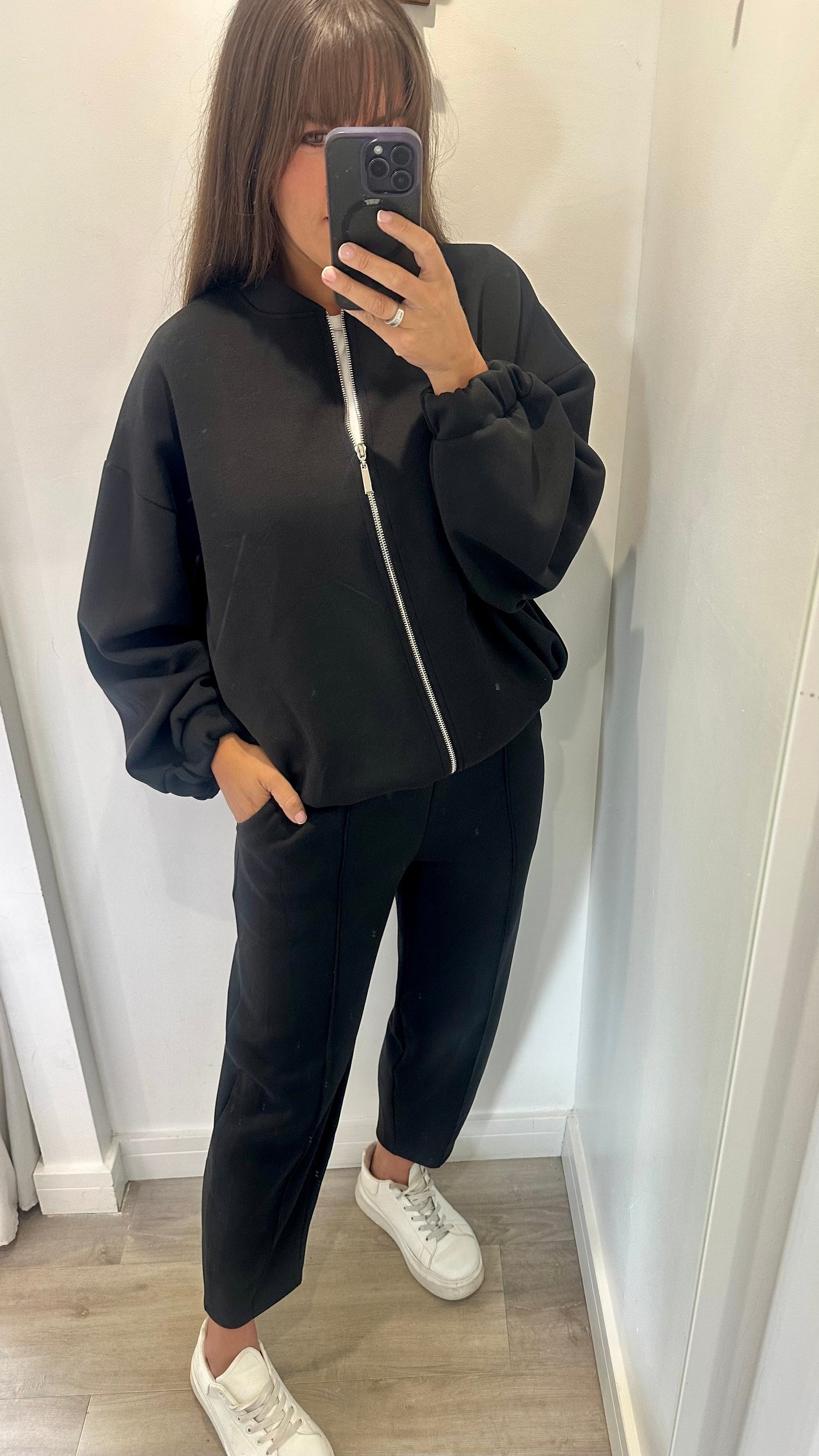 BLACK COLLARLESS ZIP JACKET & BALLOON TROUSER CO-ORD