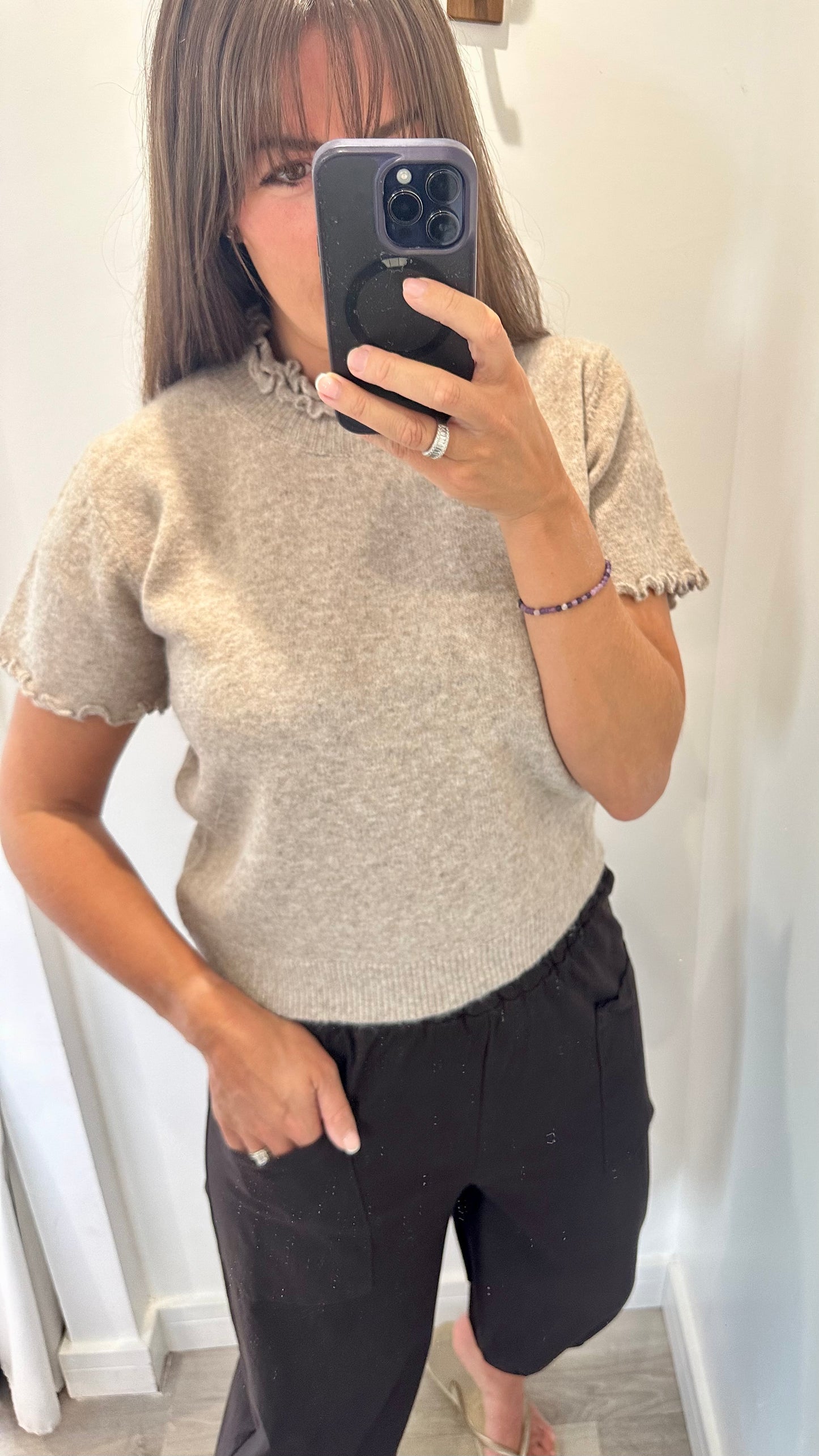 MOCHA FRILL DETAIL SHORT SLEEVE KNIT JUMPER