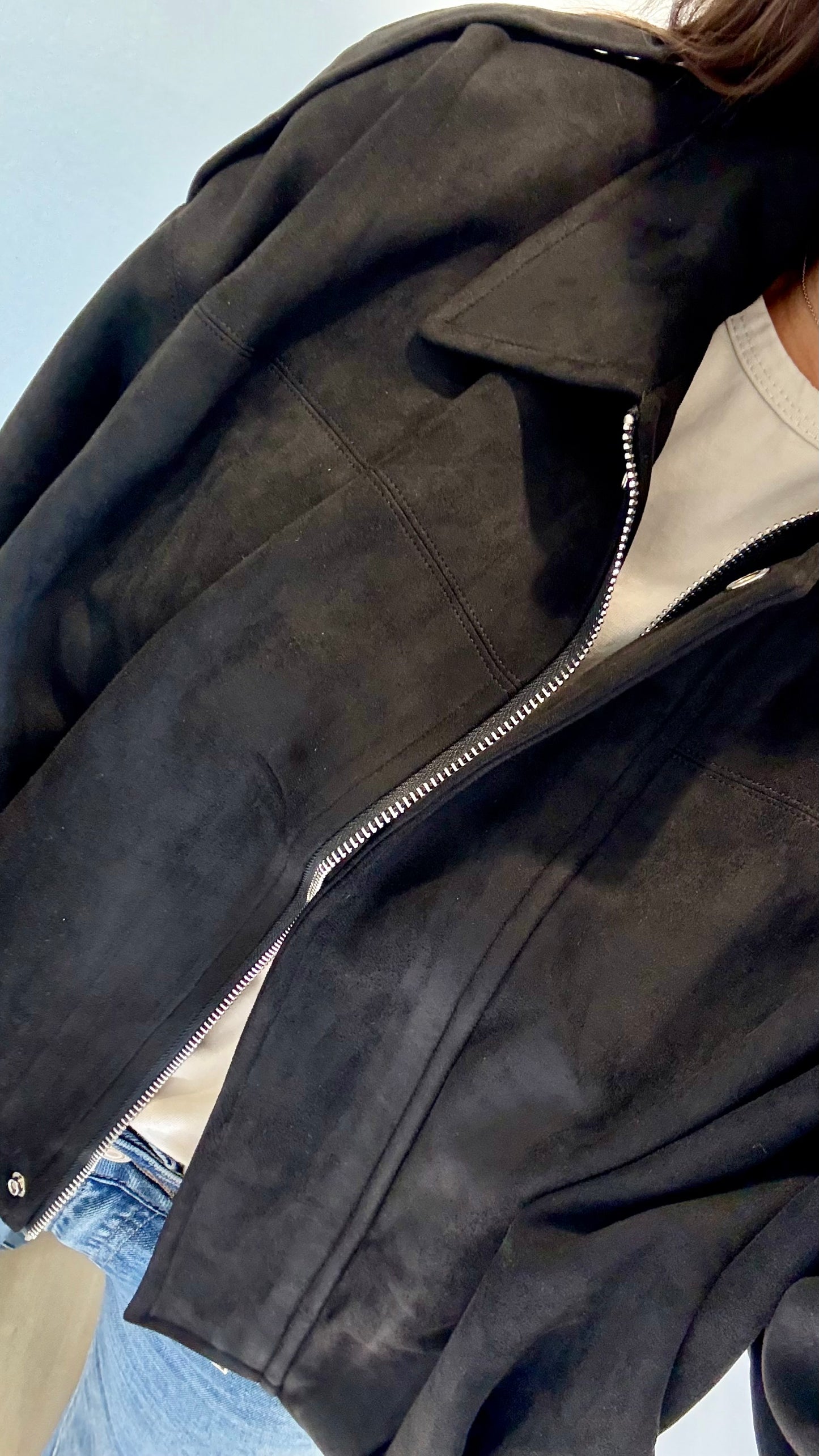 BLACK SUEDETTE BOMBER JACKET