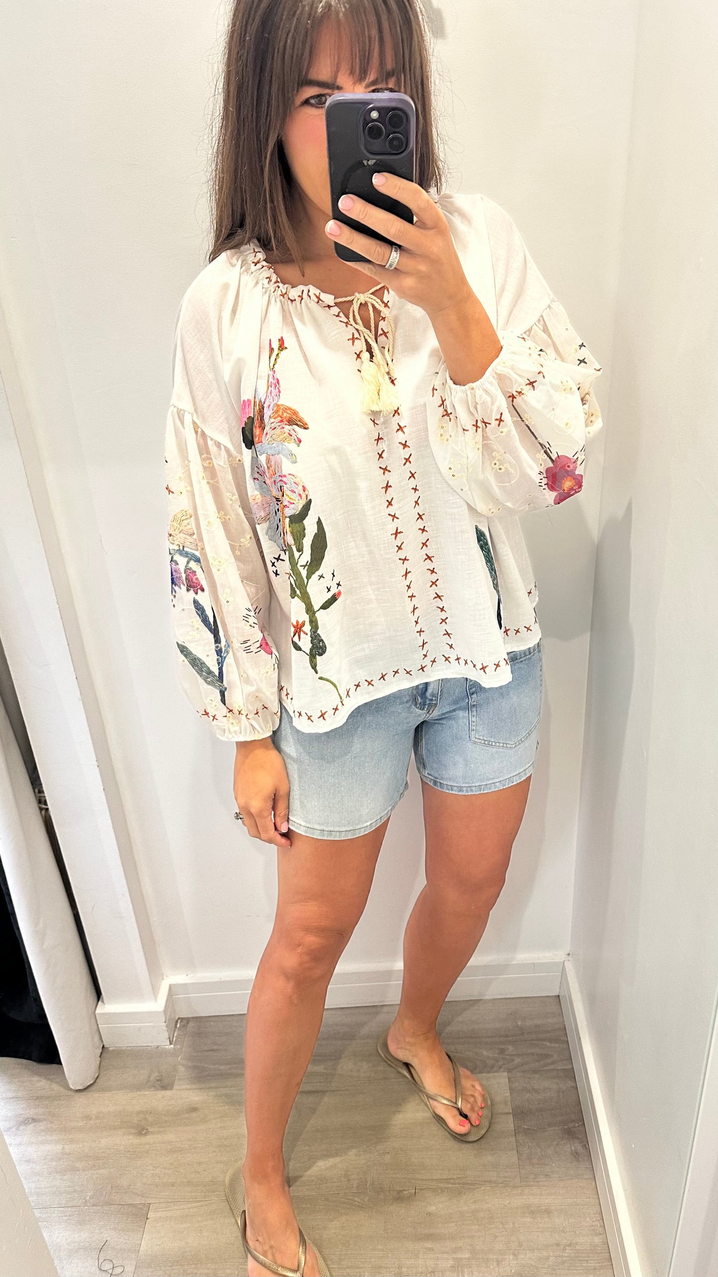 WHITE BOHO BARDOT TOP WITH FLORAL SEQUINS