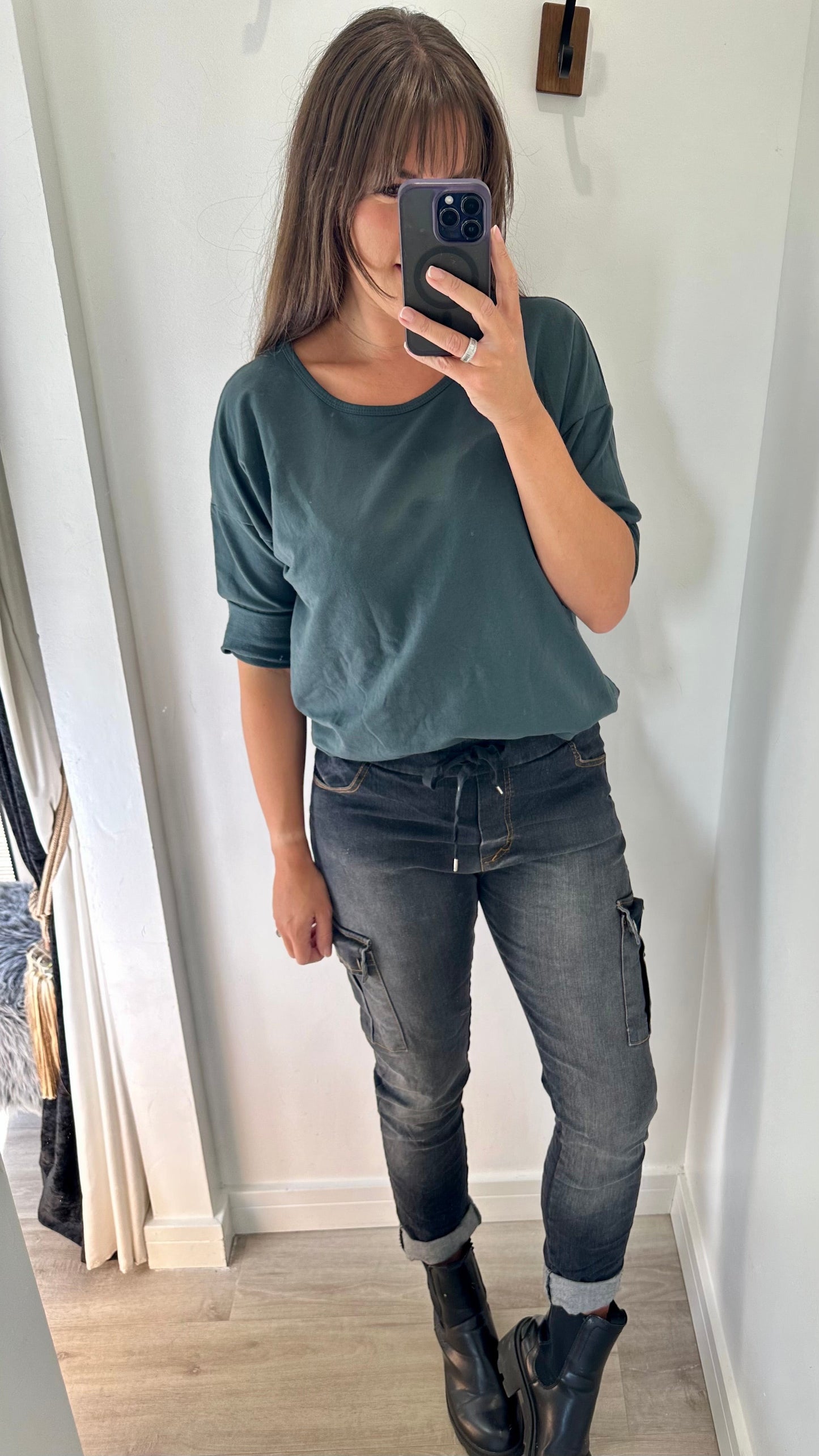 CHARCOAL ROLL SLEEVE SWEAT TOP