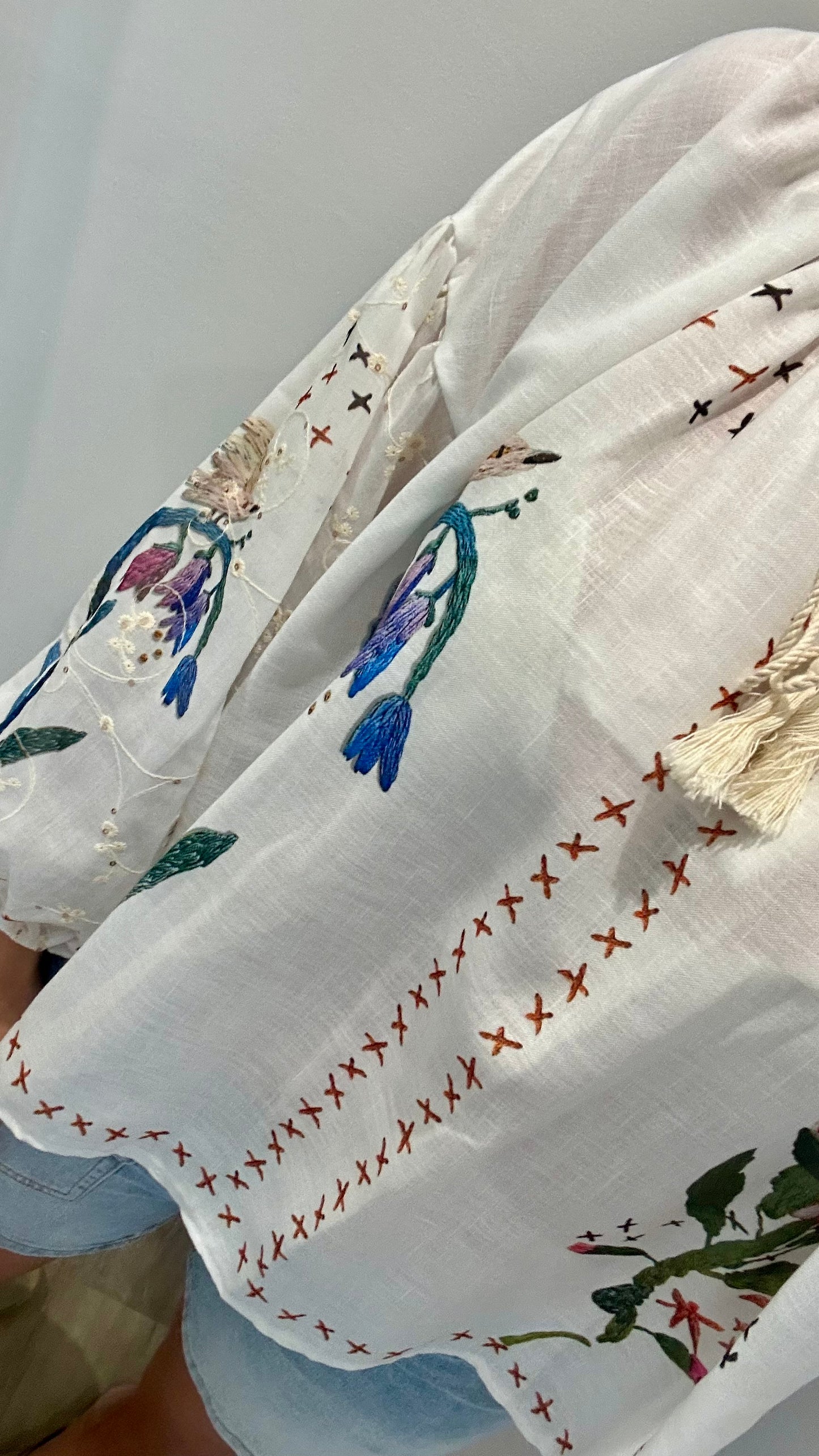 WHITE BOHO BARDOT TOP WITH FLORAL SEQUINS