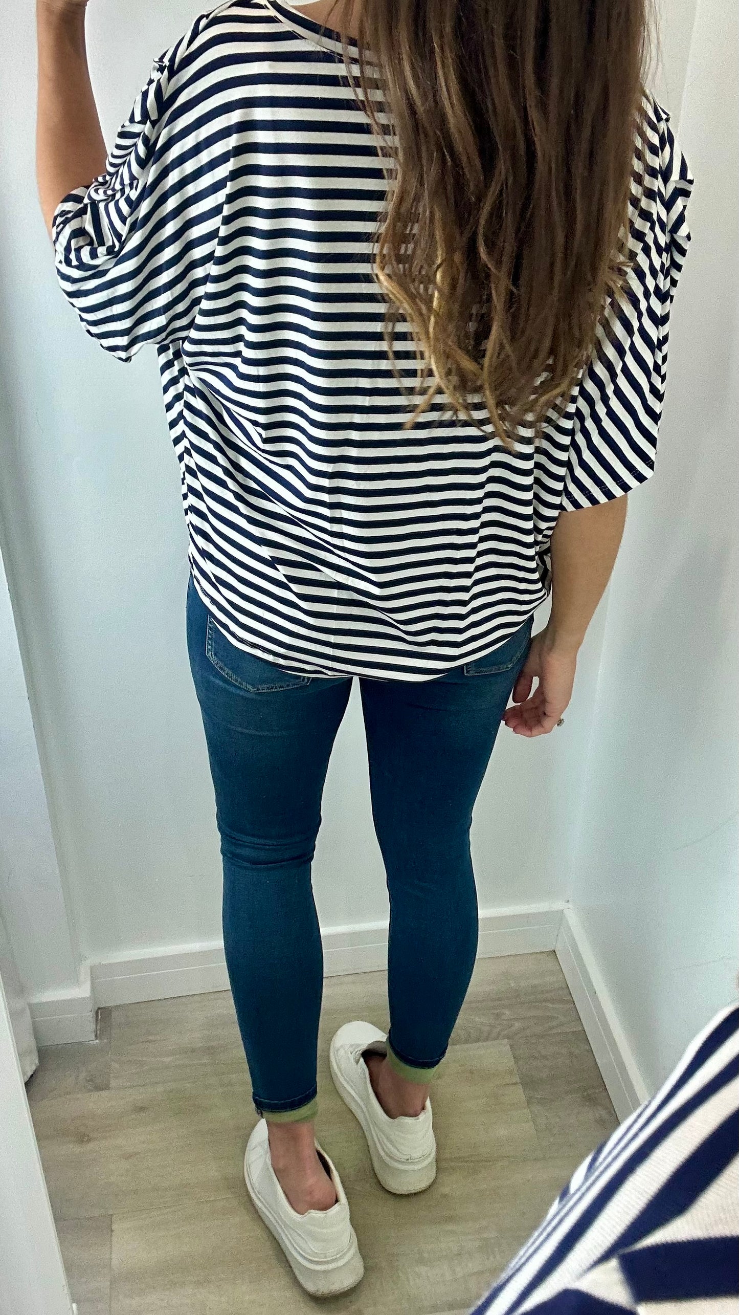 NAVY AND WHITE STRIPED BATWING PLEATED SHOULDER TOP