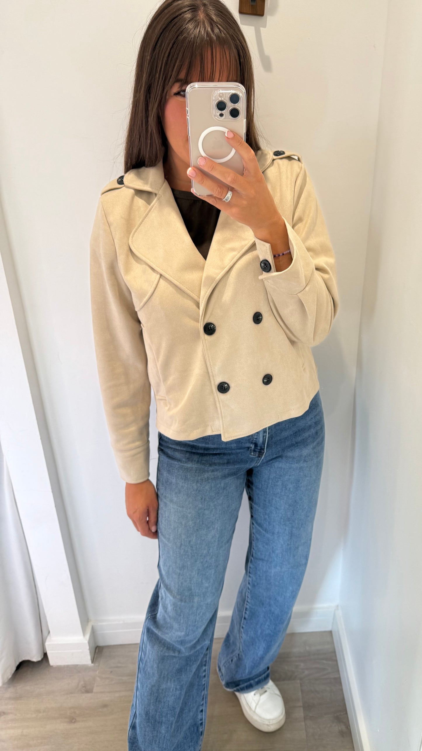 STONE SUEDE-EFFECT BUTTONED JACKET