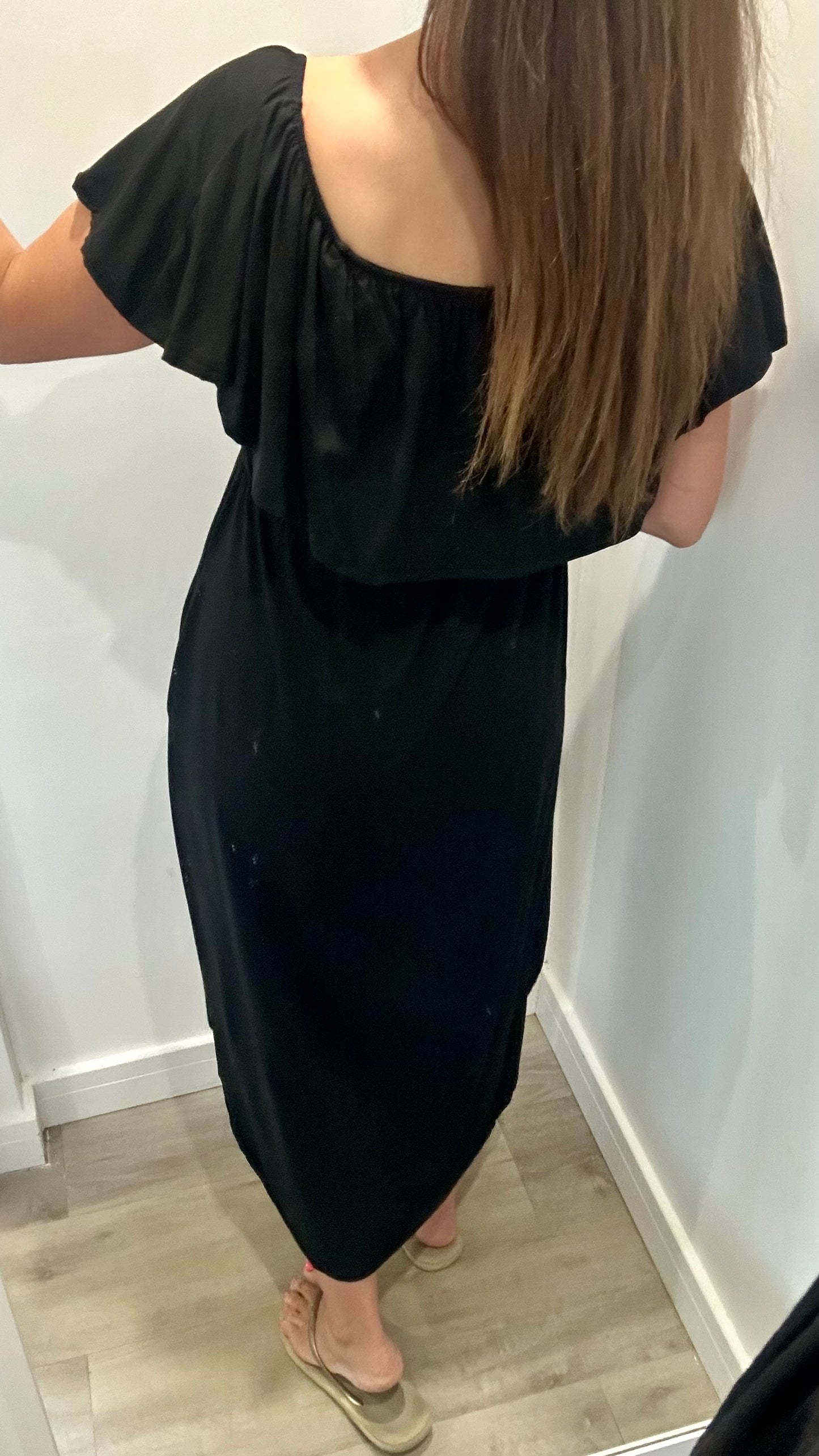 BLACK JERSEY BARDOT MIDI DRESS