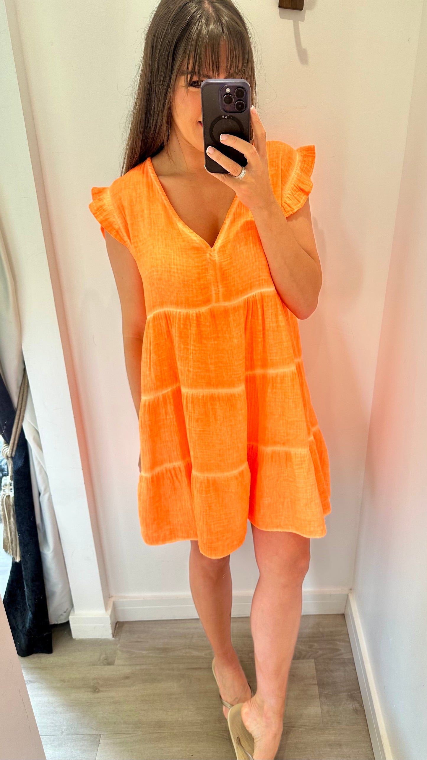ORANGE V NECK FRILL SLEEVE TIERED CHEESECLOTH DRESS