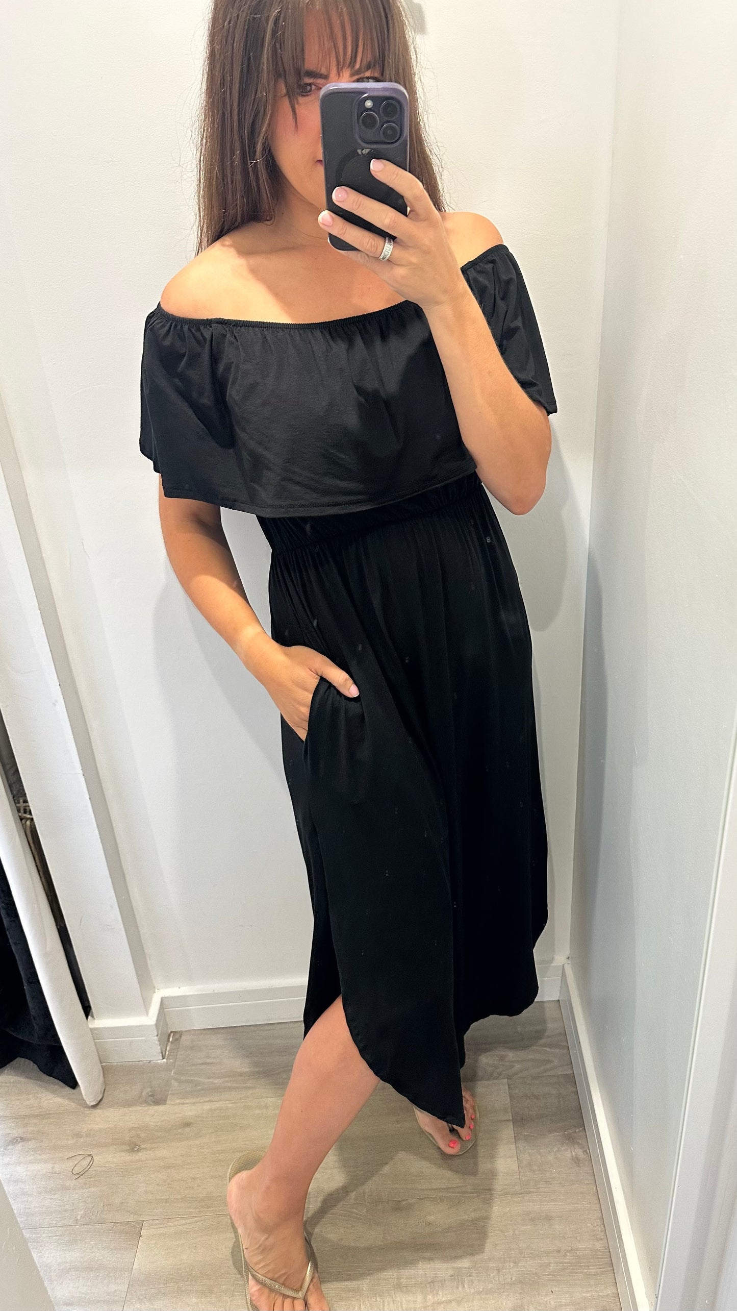 BLACK JERSEY BARDOT MIDI DRESS
