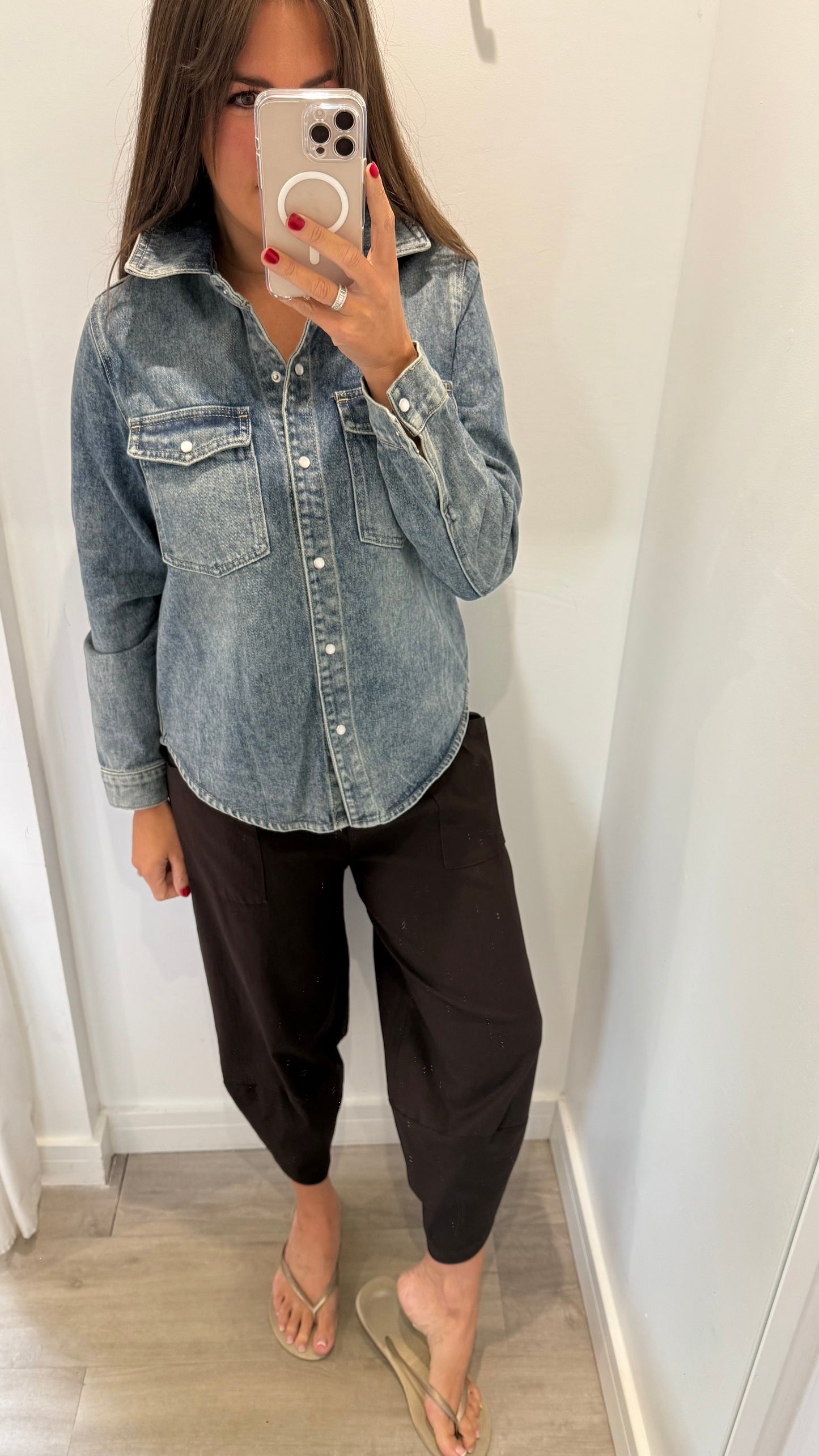 VINTAGE WASH PEARLESCENT BUTTON DENIM SHACKET