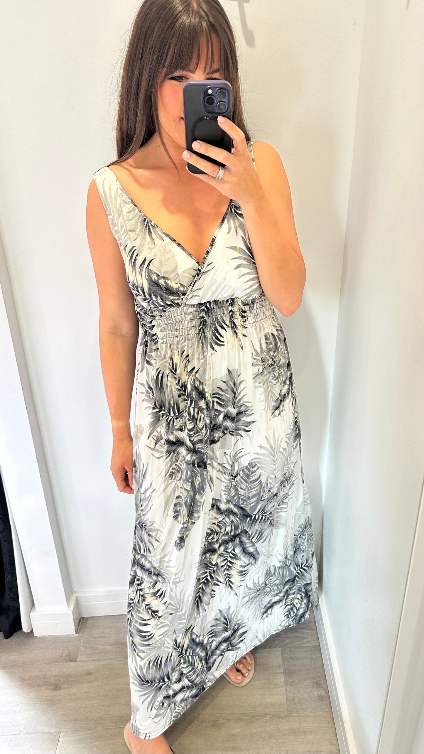 CHARCOAL PALM PRINT MAXI DRESS
