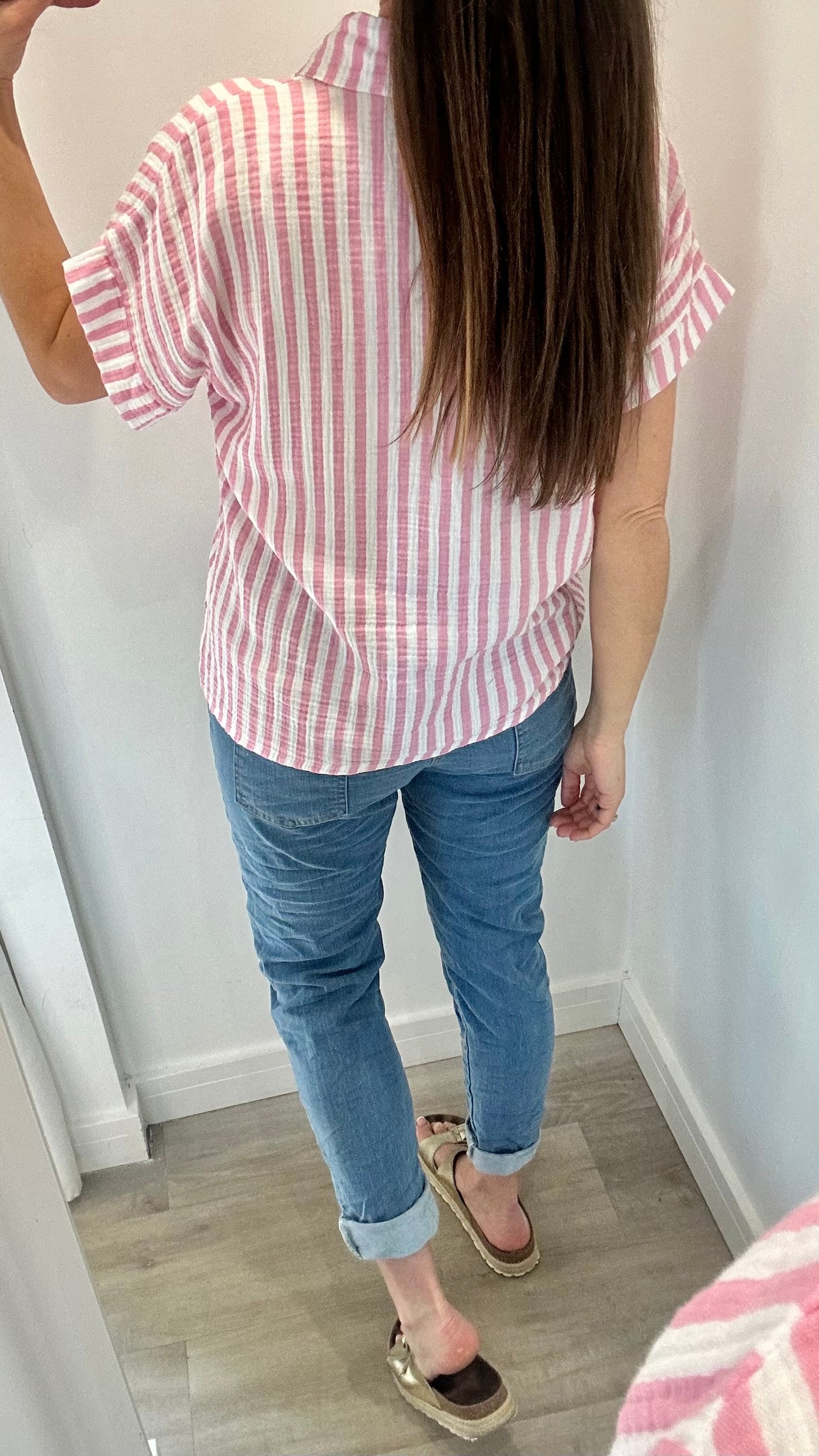 PINK AND WHITE STRIPE CHEESECLOTH SHORT SLEEVE SHIRT