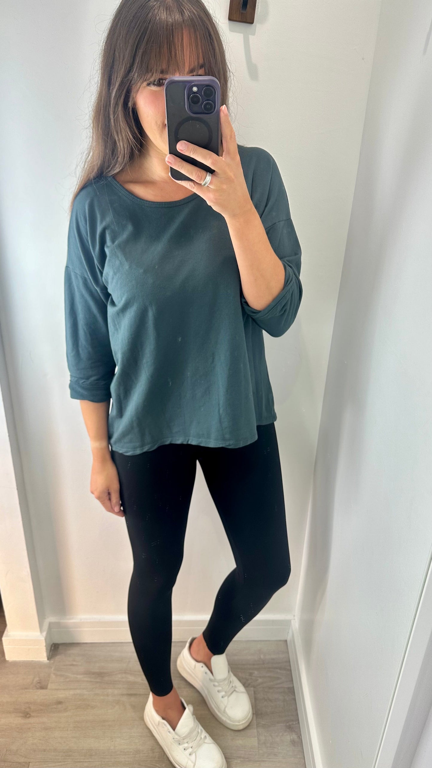CHARCOAL ROLL SLEEVE SWEAT TOP