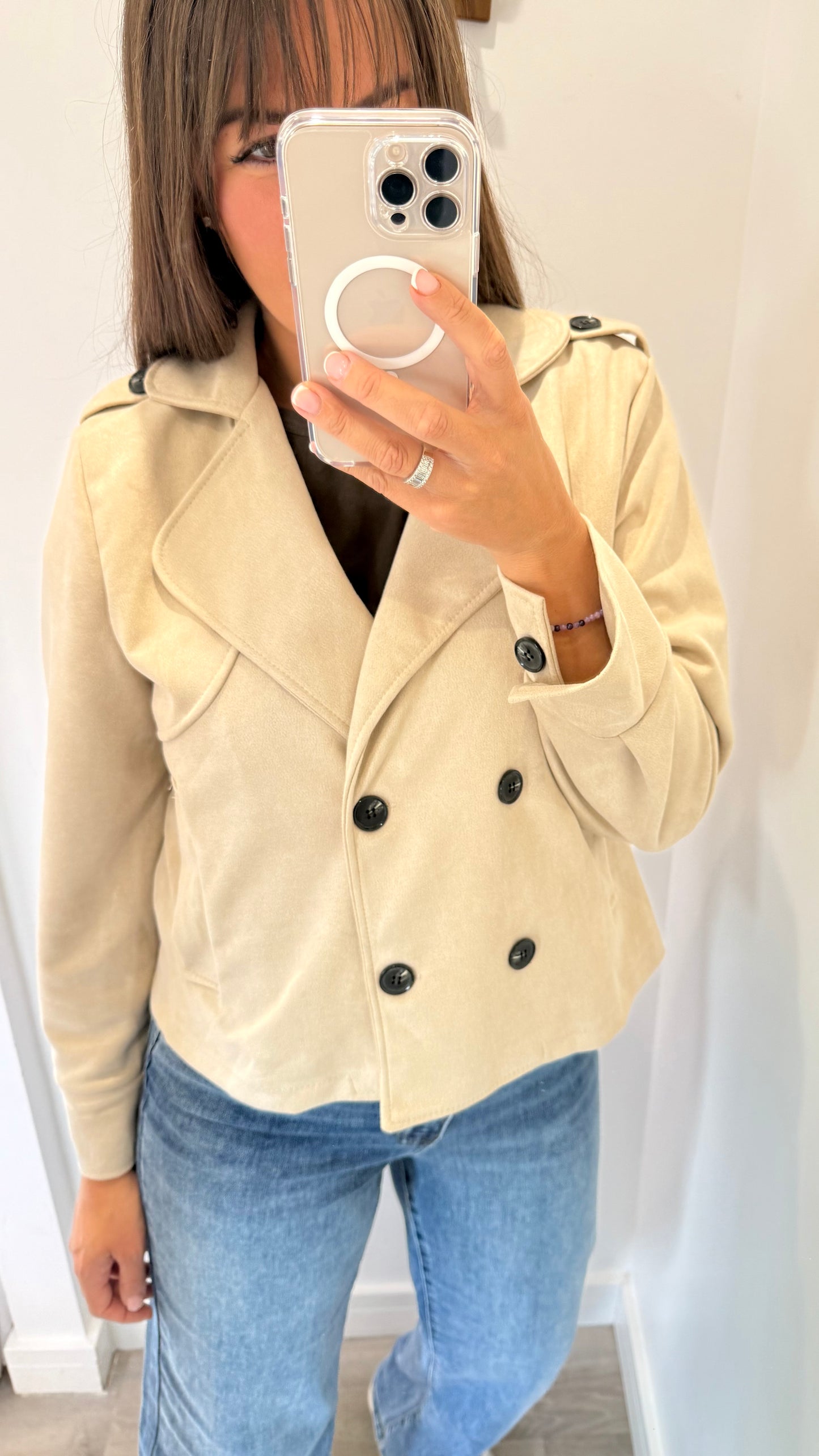 STONE SUEDE-EFFECT BUTTONED JACKET