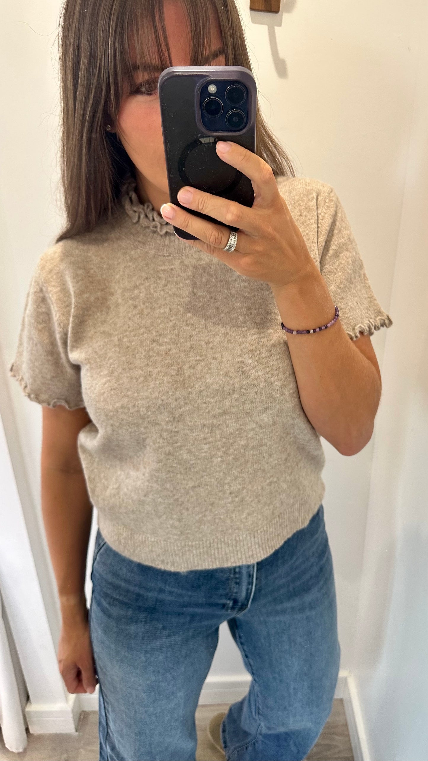 MOCHA FRILL DETAIL SHORT SLEEVE KNIT JUMPER