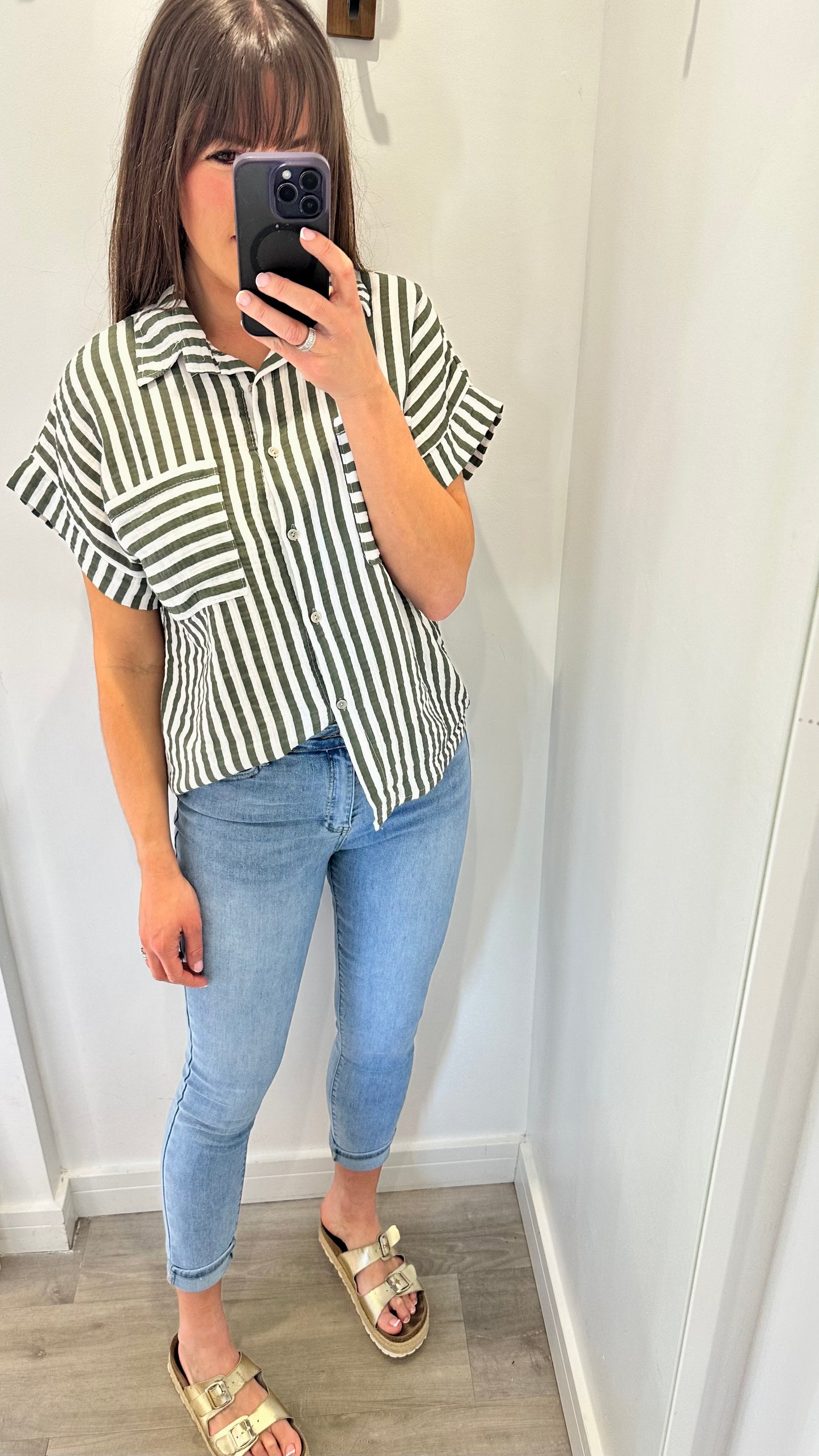 KHAKI AND WHITE STRIPE CHEESECLOTH SHORT SLEEVE SHIRT