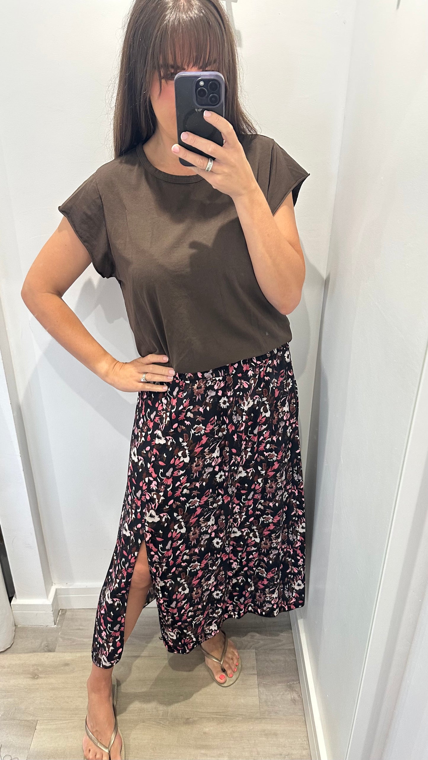 FLORAL PRINT MIDI SKIRT - BLACK WITH BLUSH AND NUDE