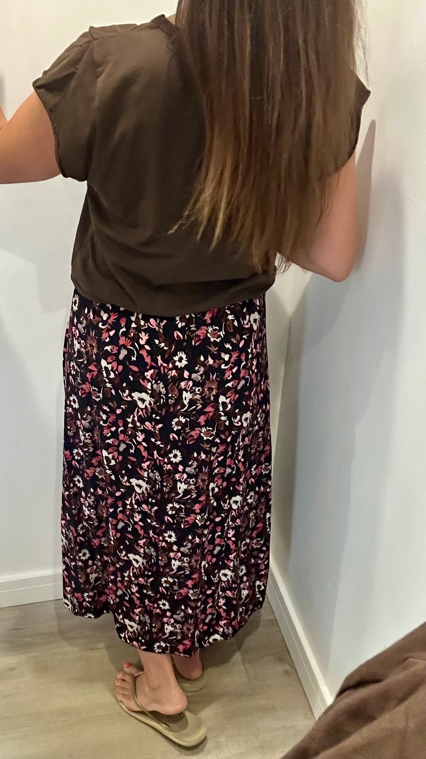 FLORAL PRINT MIDI SKIRT - BLACK WITH BLUSH AND NUDE