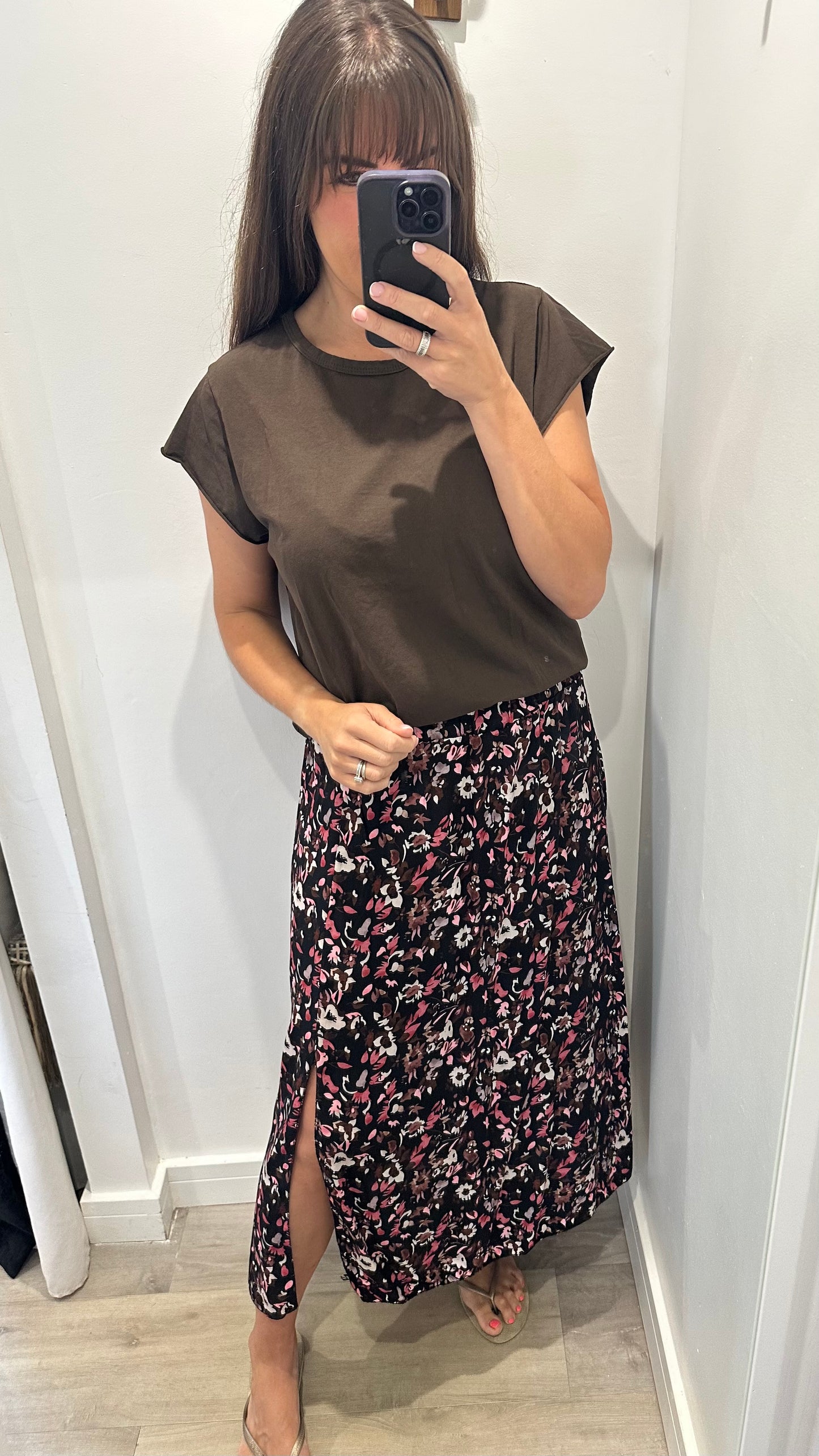 FLORAL PRINT MIDI SKIRT - BLACK WITH BLUSH AND NUDE