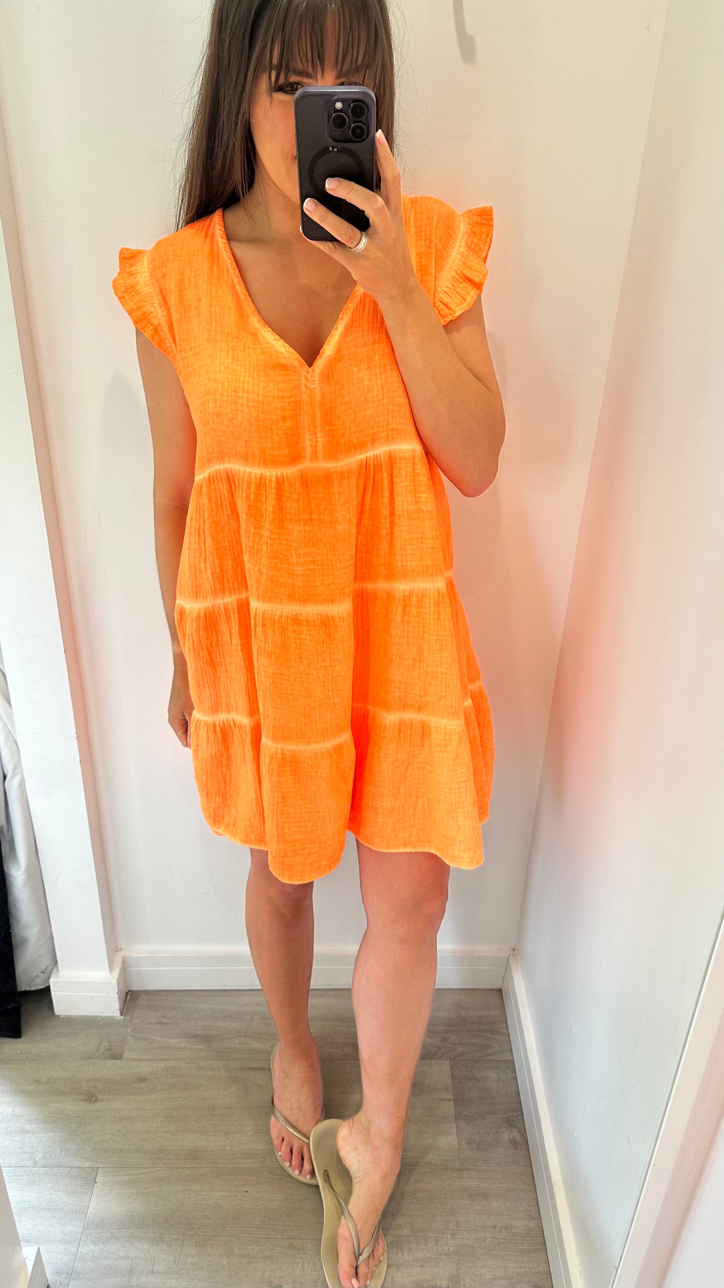 ORANGE V NECK FRILL SLEEVE TIERED CHEESECLOTH DRESS