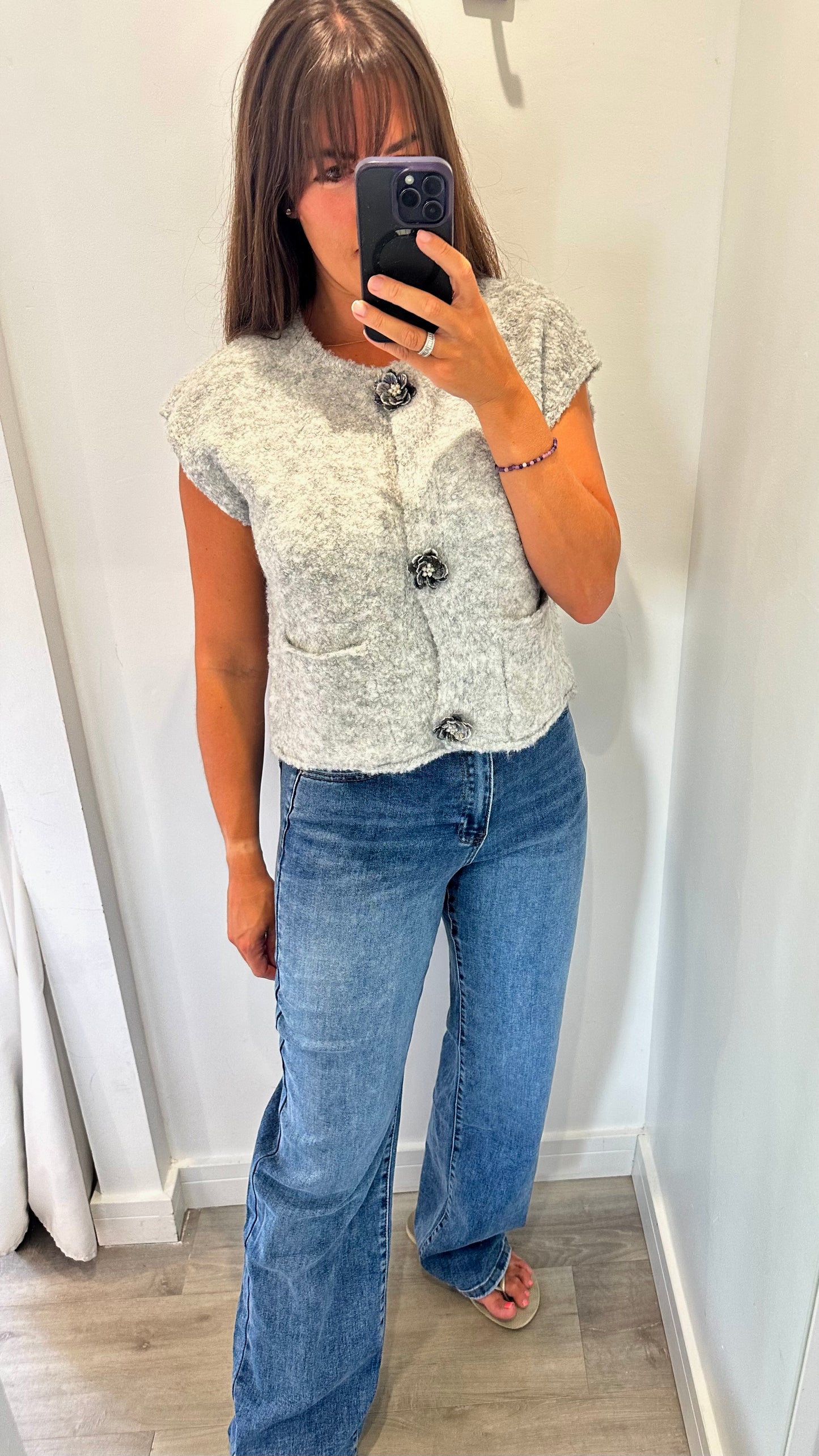 CAP SLEEVE BOUCLE-STYLE WAISTCOAT TOP WITH FLOWER BUTTONS