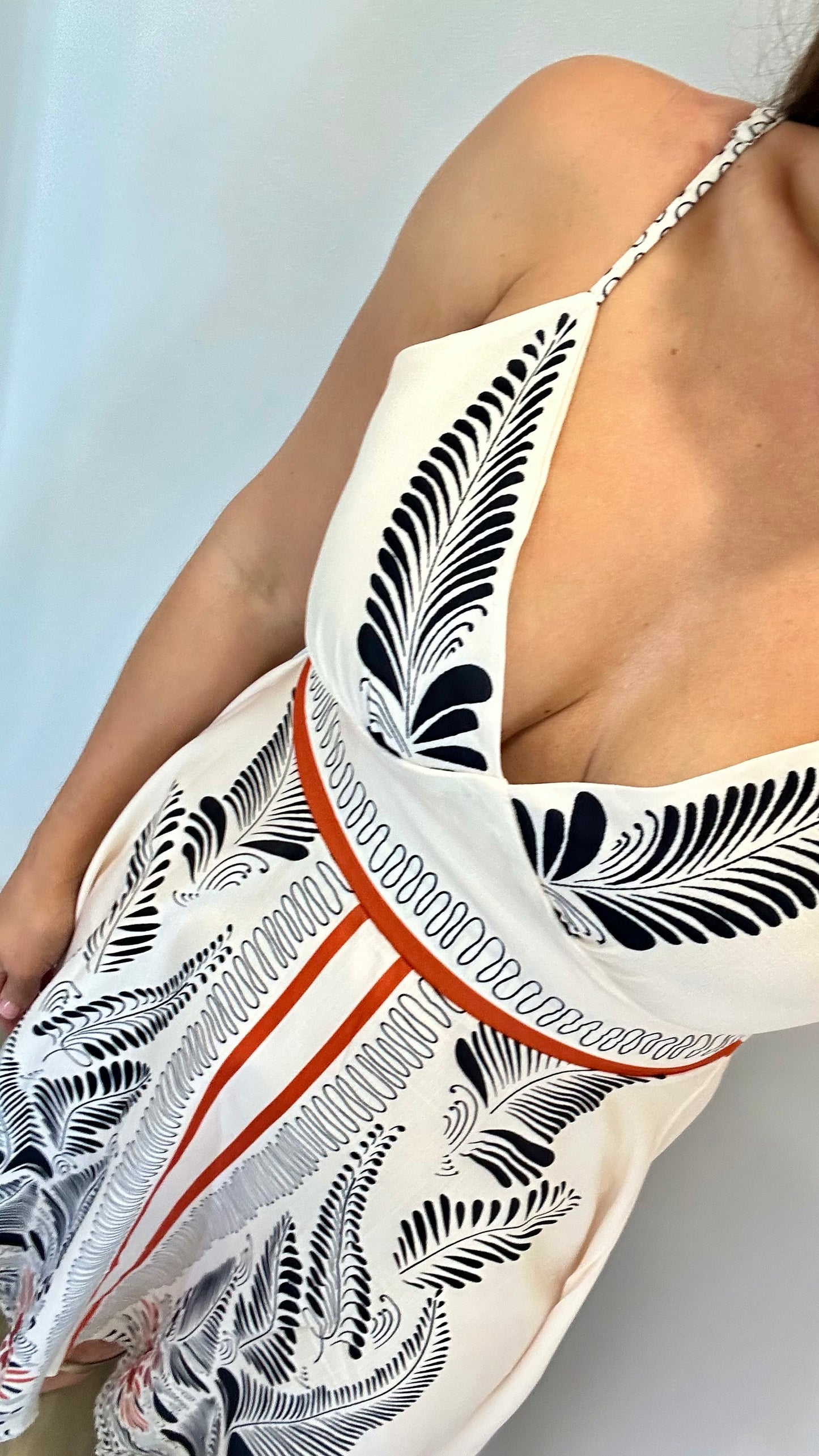 WHITE MAXI DRESS WITH BLACK LEAF PRINT & CORAL TRIM