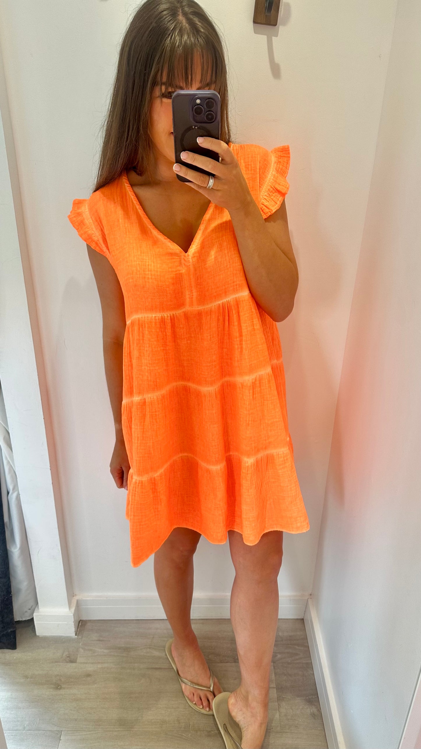 ORANGE V NECK FRILL SLEEVE TIERED CHEESECLOTH DRESS
