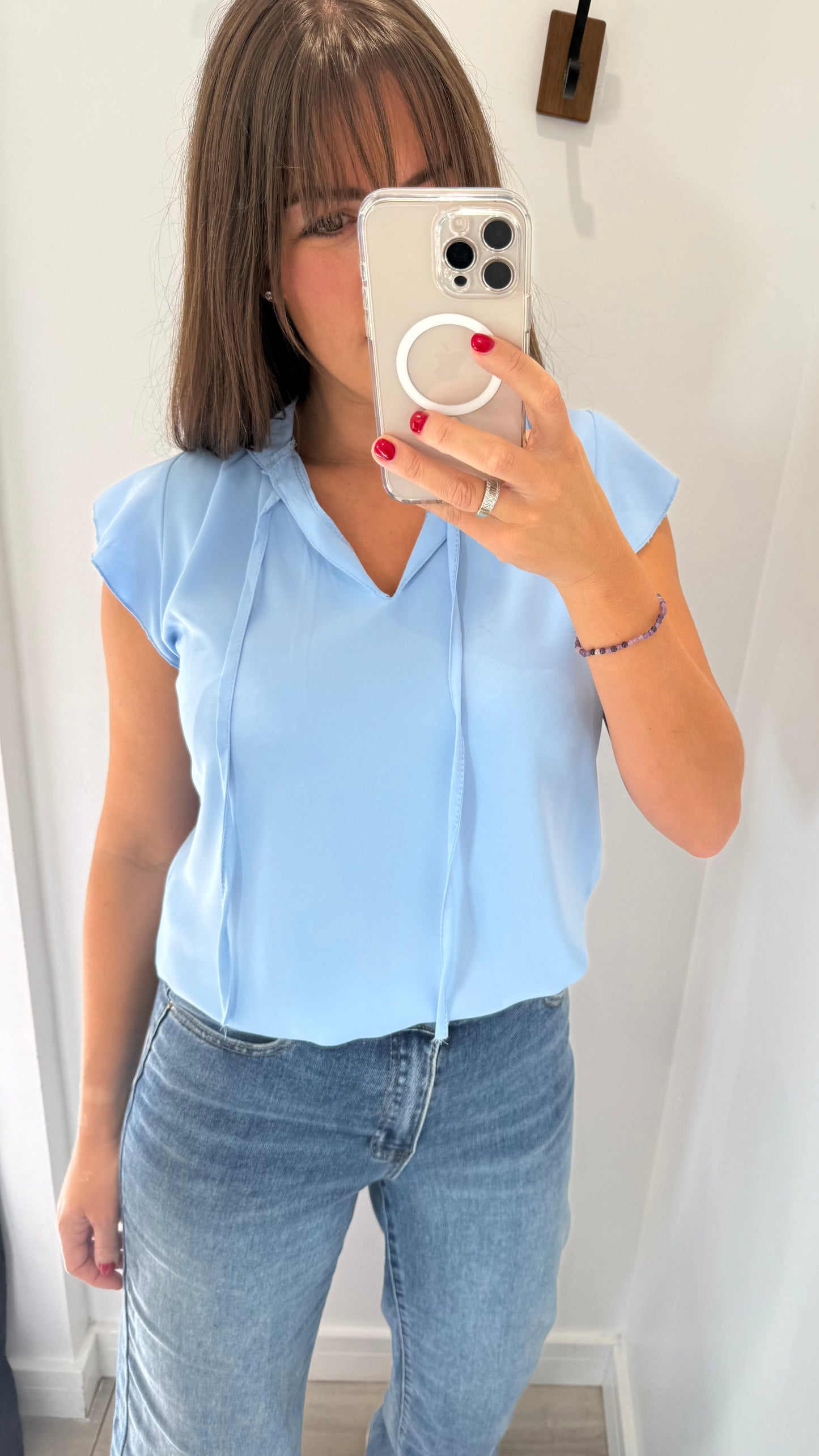 POWDER BLUE TIE-UP BLOUSE WITH FRILL SLEEVE