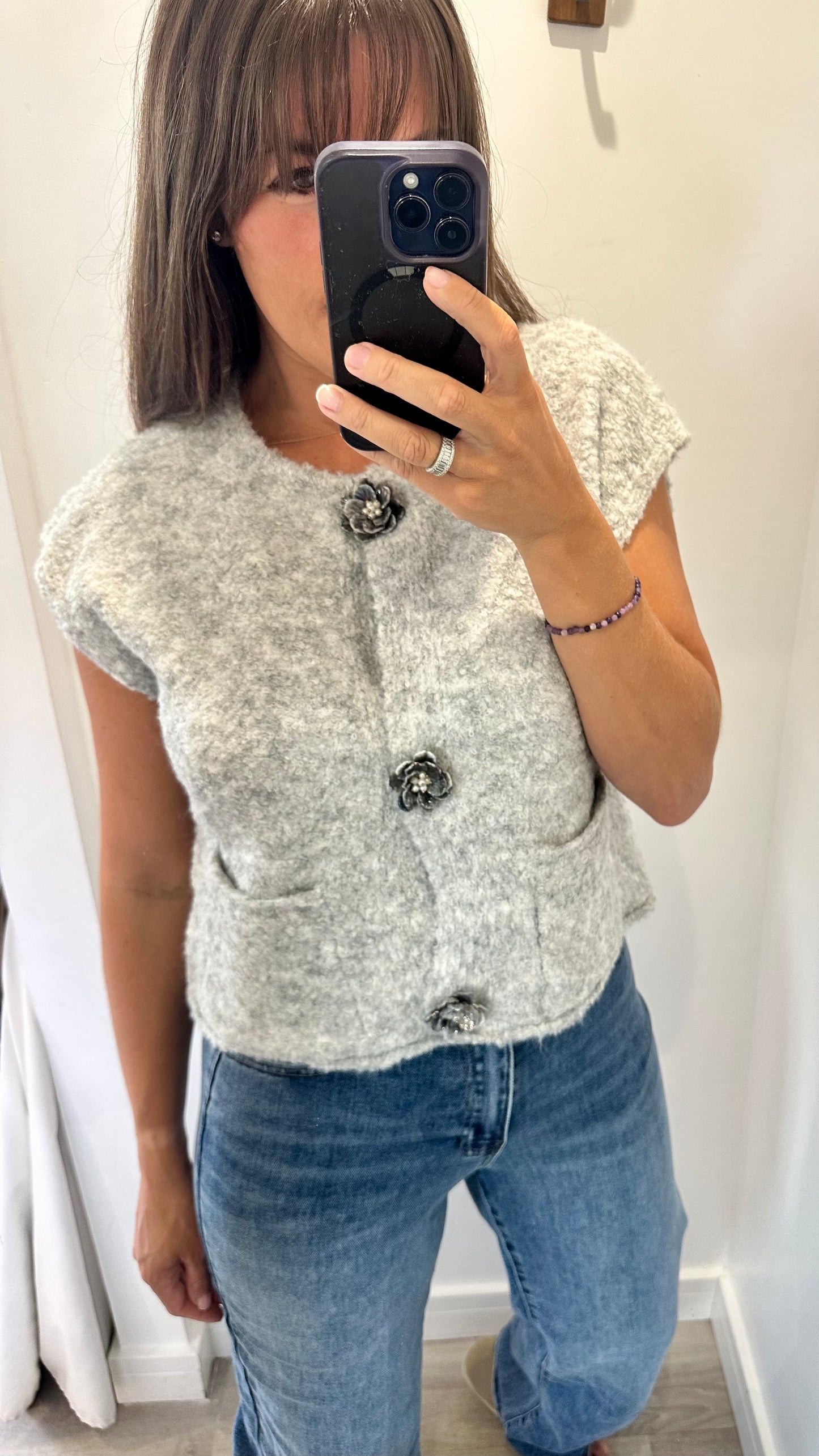 CAP SLEEVE BOUCLE-STYLE WAISTCOAT TOP WITH FLOWER BUTTONS