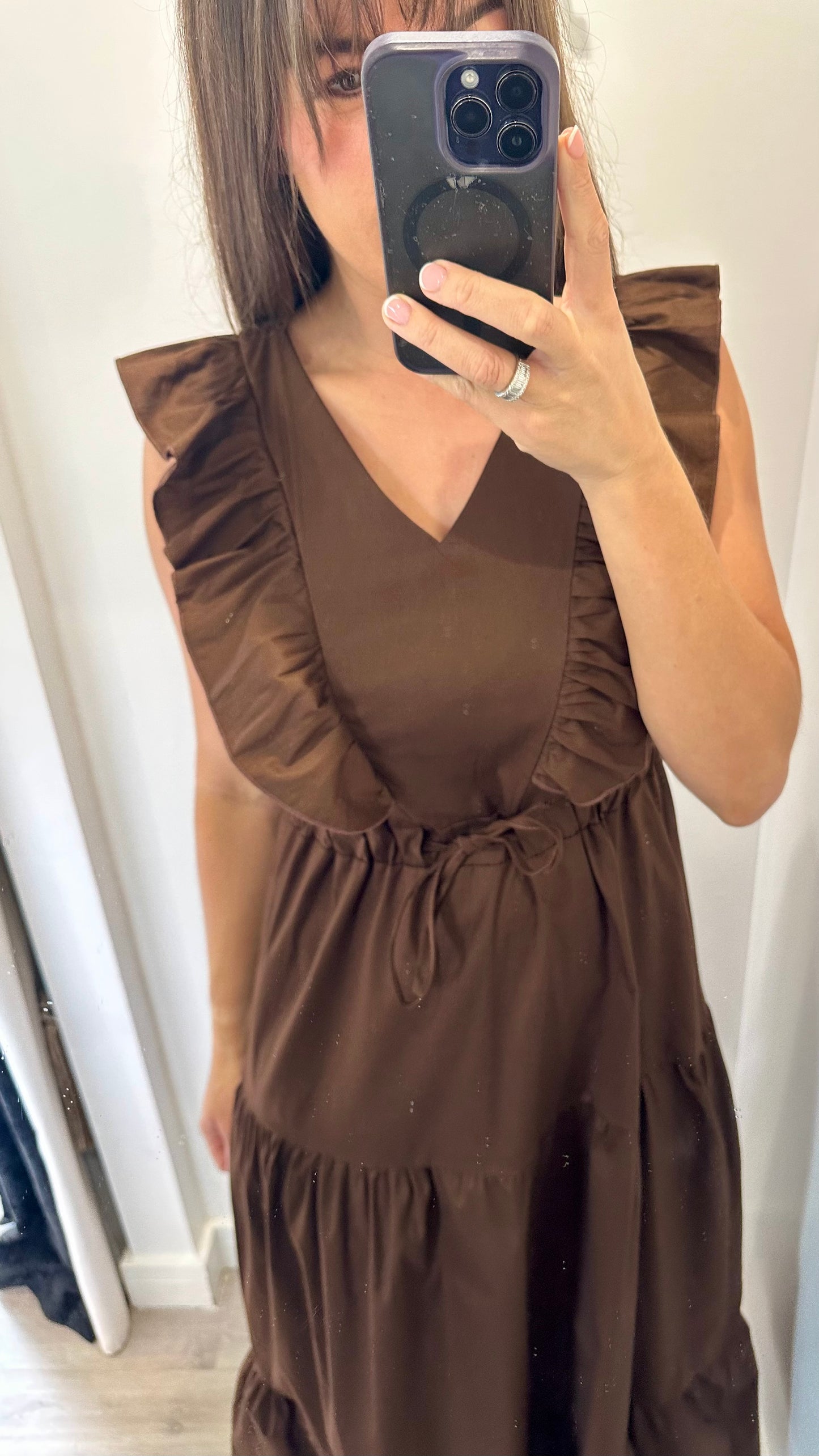 BROWN JET TIERED COTTON MAXI DRESS