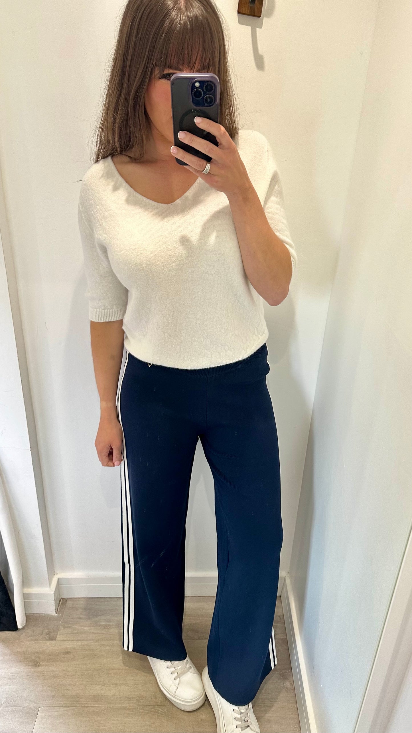 NAVY STRIPE KNIT TROUSERS