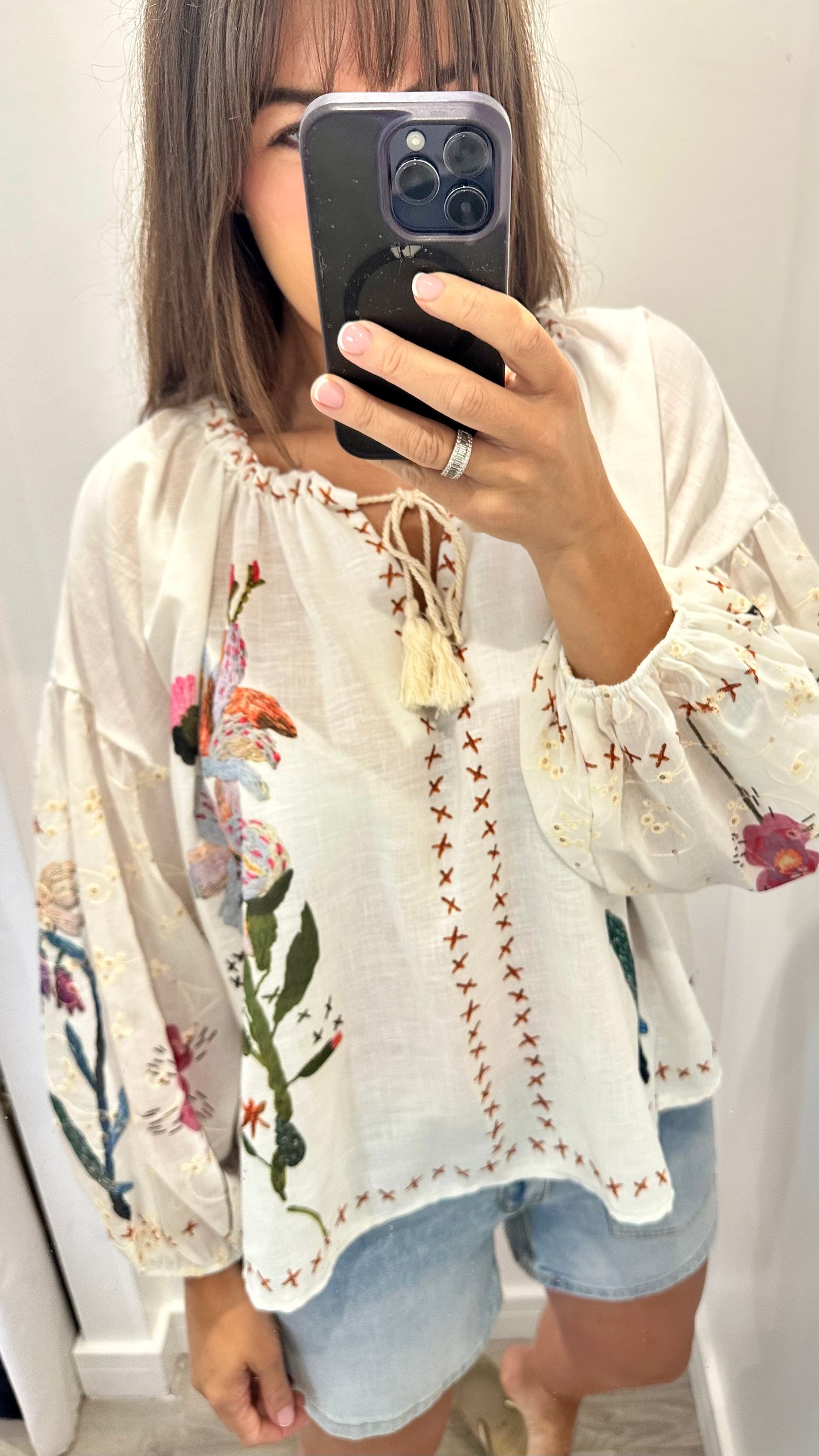 WHITE BOHO BARDOT TOP WITH FLORAL SEQUINS