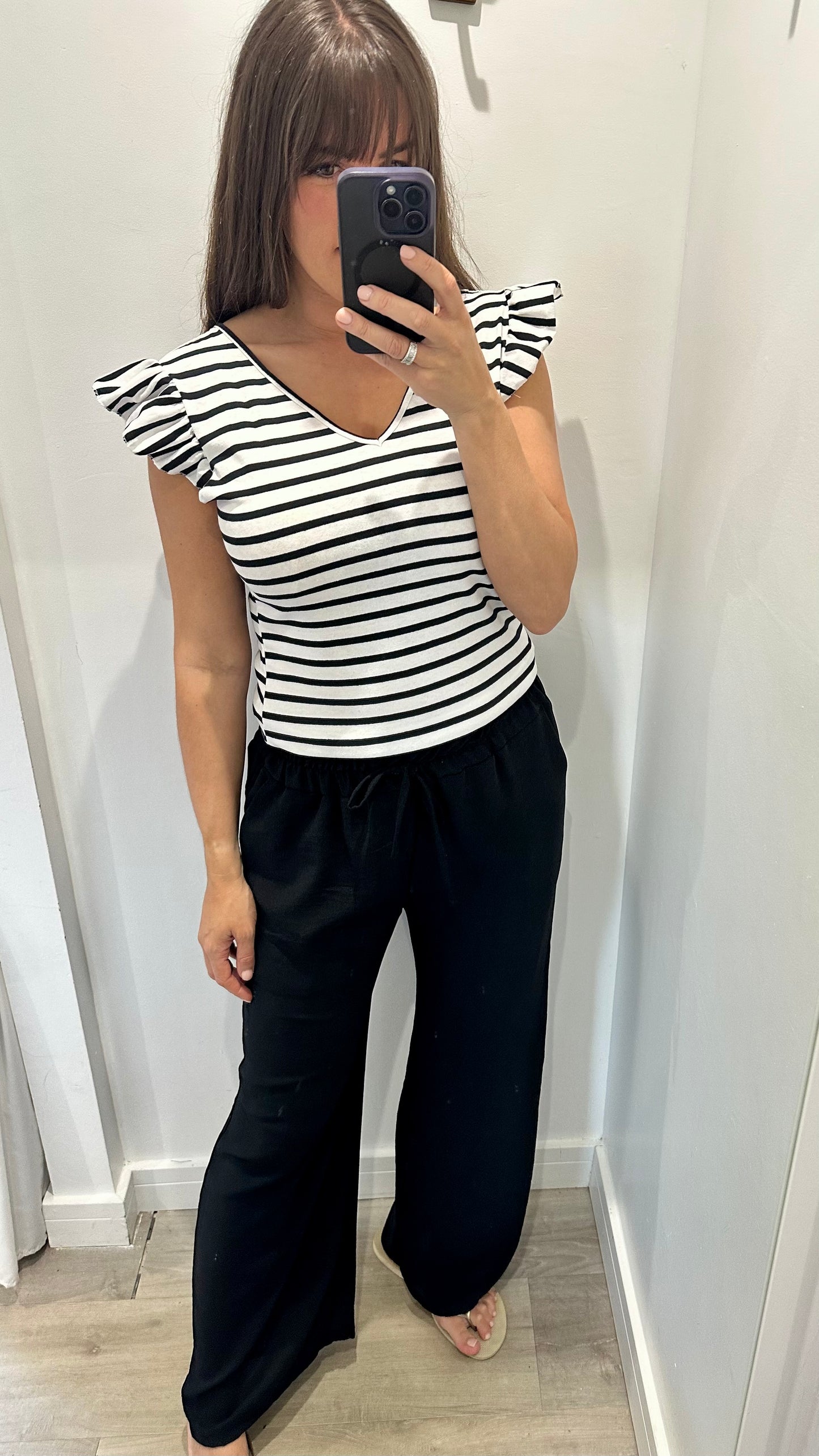 BLACK AND WHITE STRIPE FRILL SLEEVE V-NECK TOP