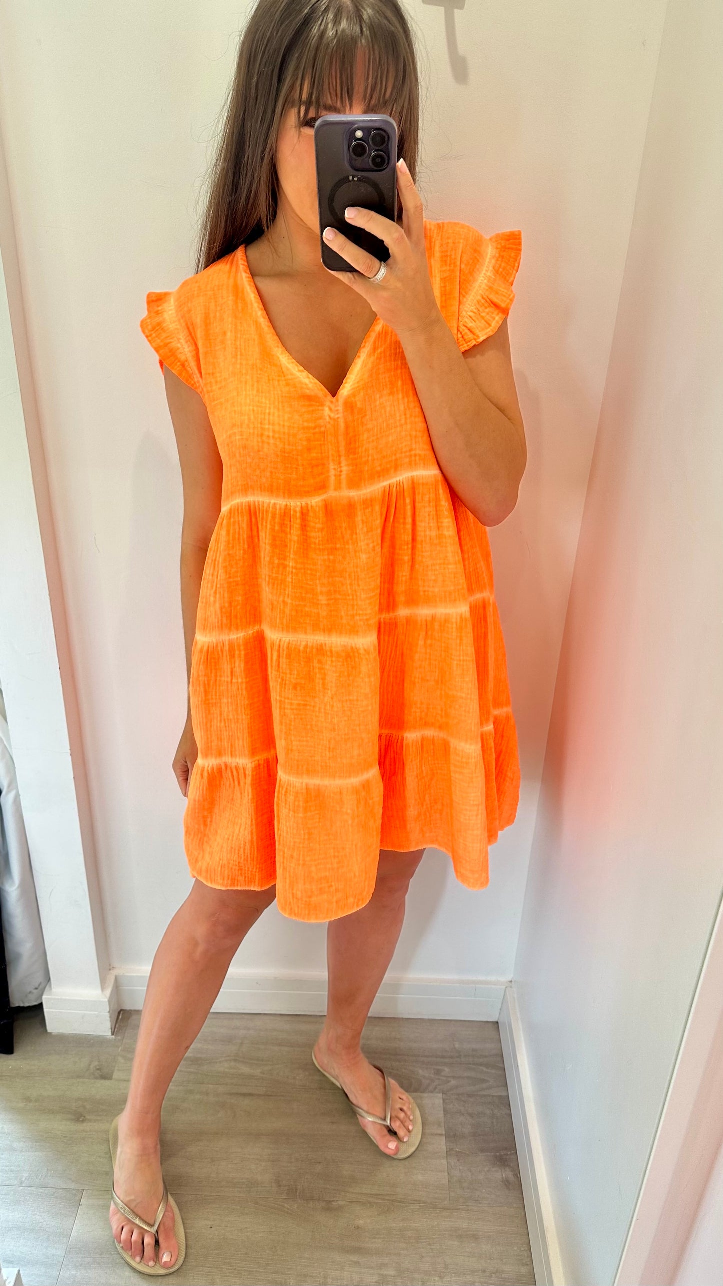 ORANGE V NECK FRILL SLEEVE TIERED CHEESECLOTH DRESS