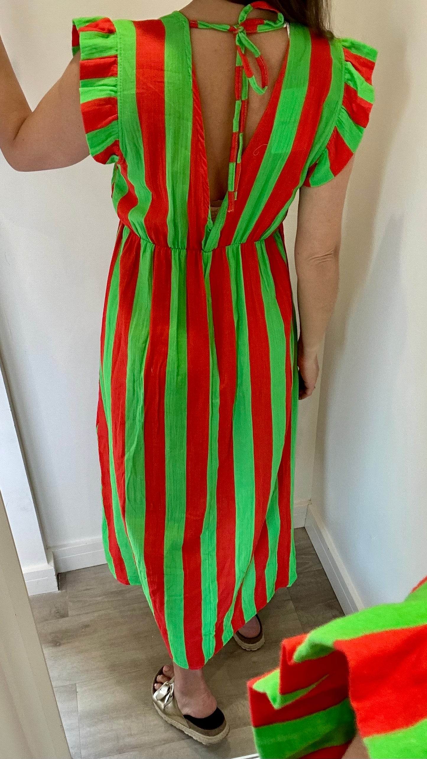 RED AND GREEN STRIPE CHEESECLOTH MIDI DRESS