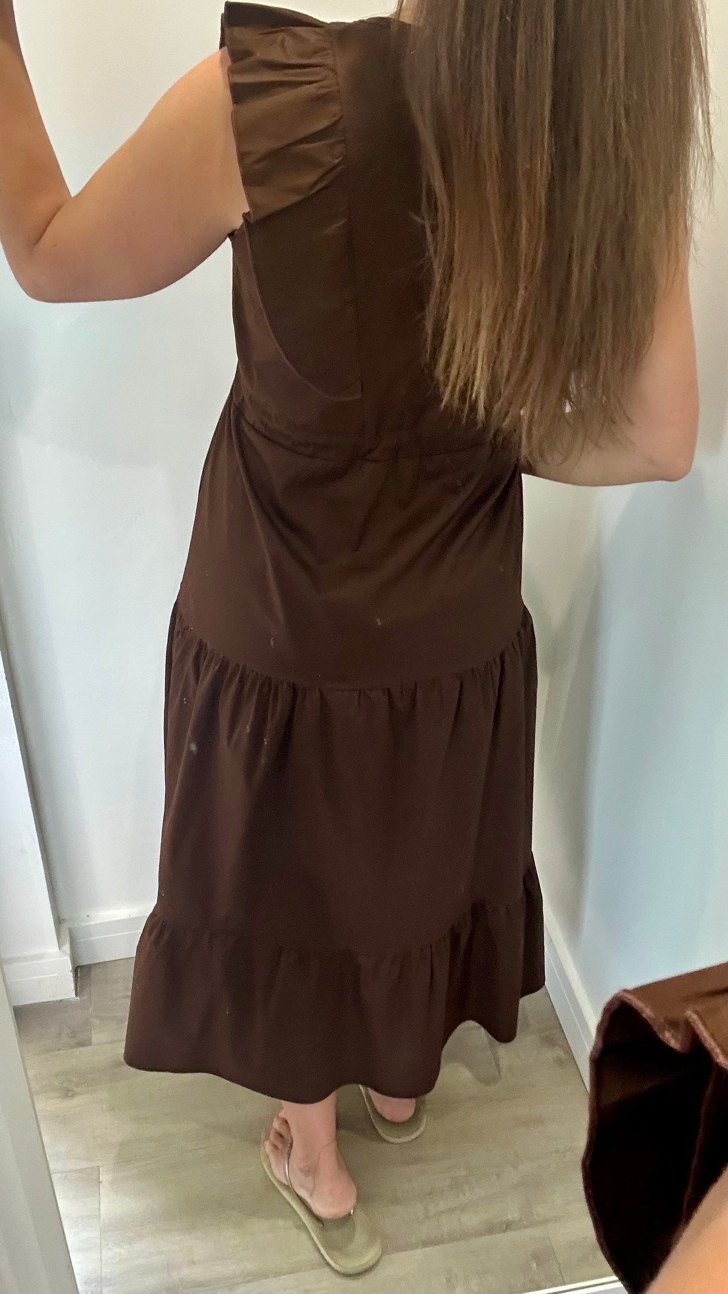 BROWN JET TIERED COTTON MAXI DRESS