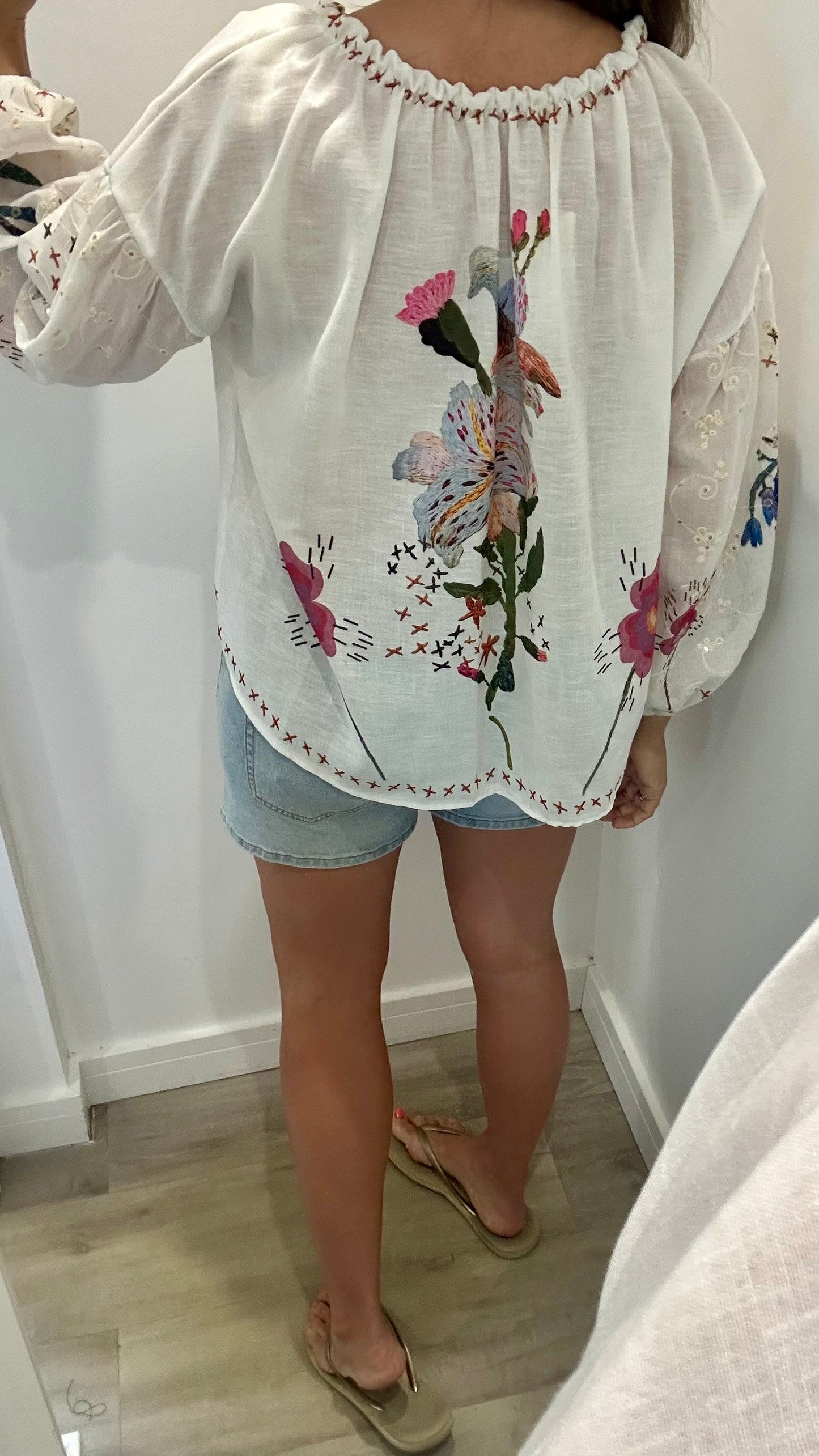 WHITE BOHO BARDOT TOP WITH FLORAL SEQUINS