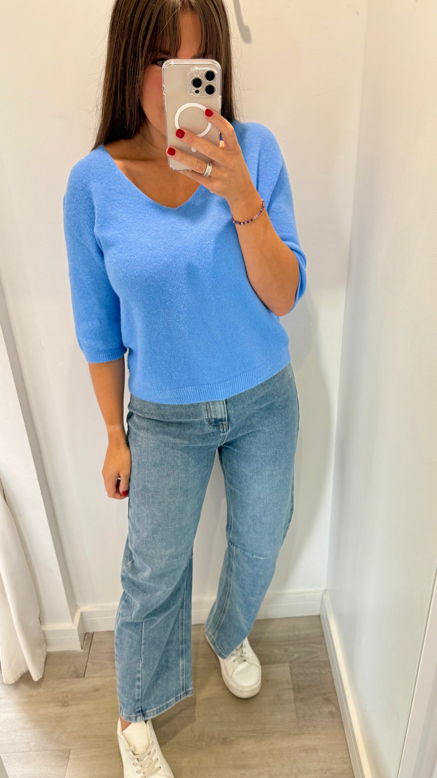 CORNFLOUR BLUE V-NECK ELBOW SLEEVE KNIT