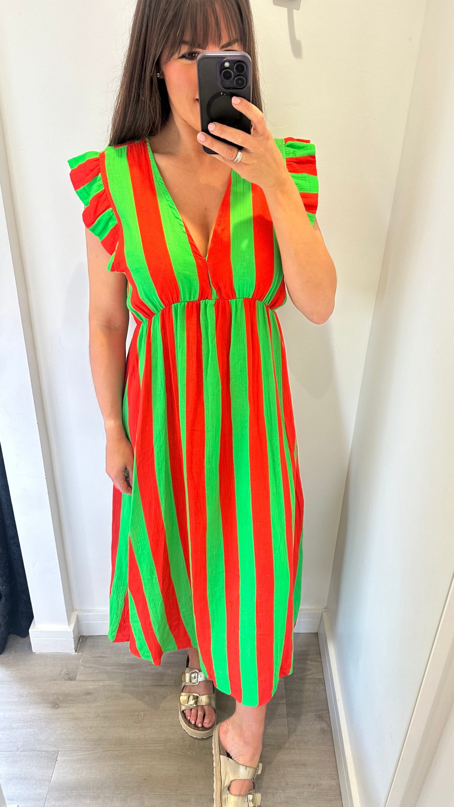 RED AND GREEN STRIPE CHEESECLOTH MIDI DRESS