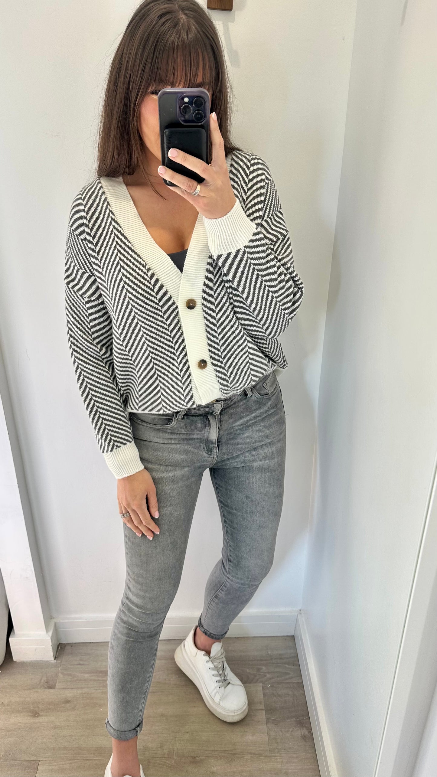 GREY AND WHITE STRIPE CARDIGAN