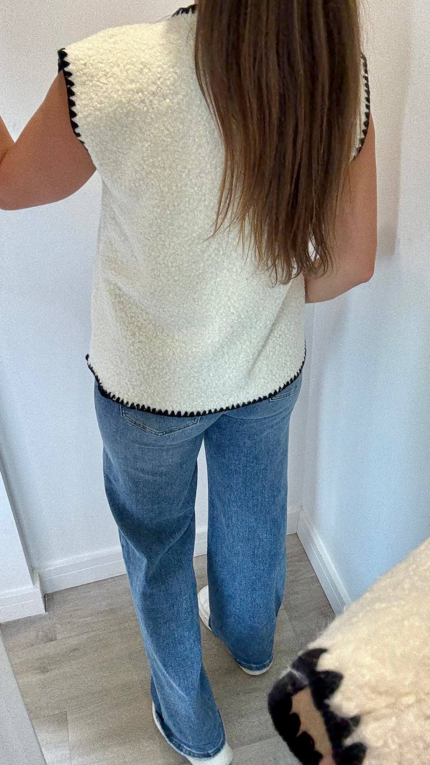 CREAM BOUCLE SLEEVELESS GILET WITH BLACK EDGING