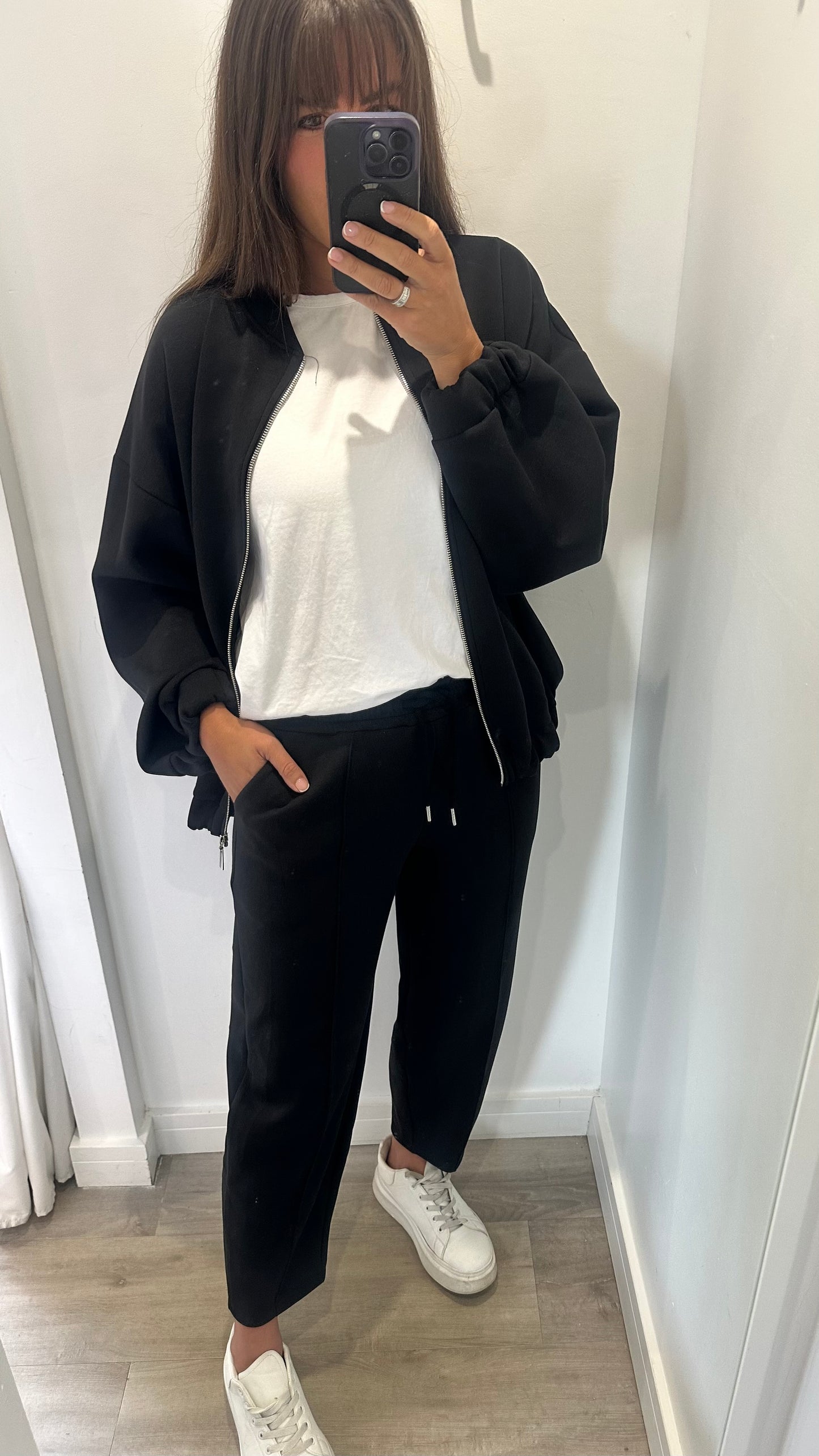 BLACK COLLARLESS ZIP JACKET & BALLOON TROUSER CO-ORD