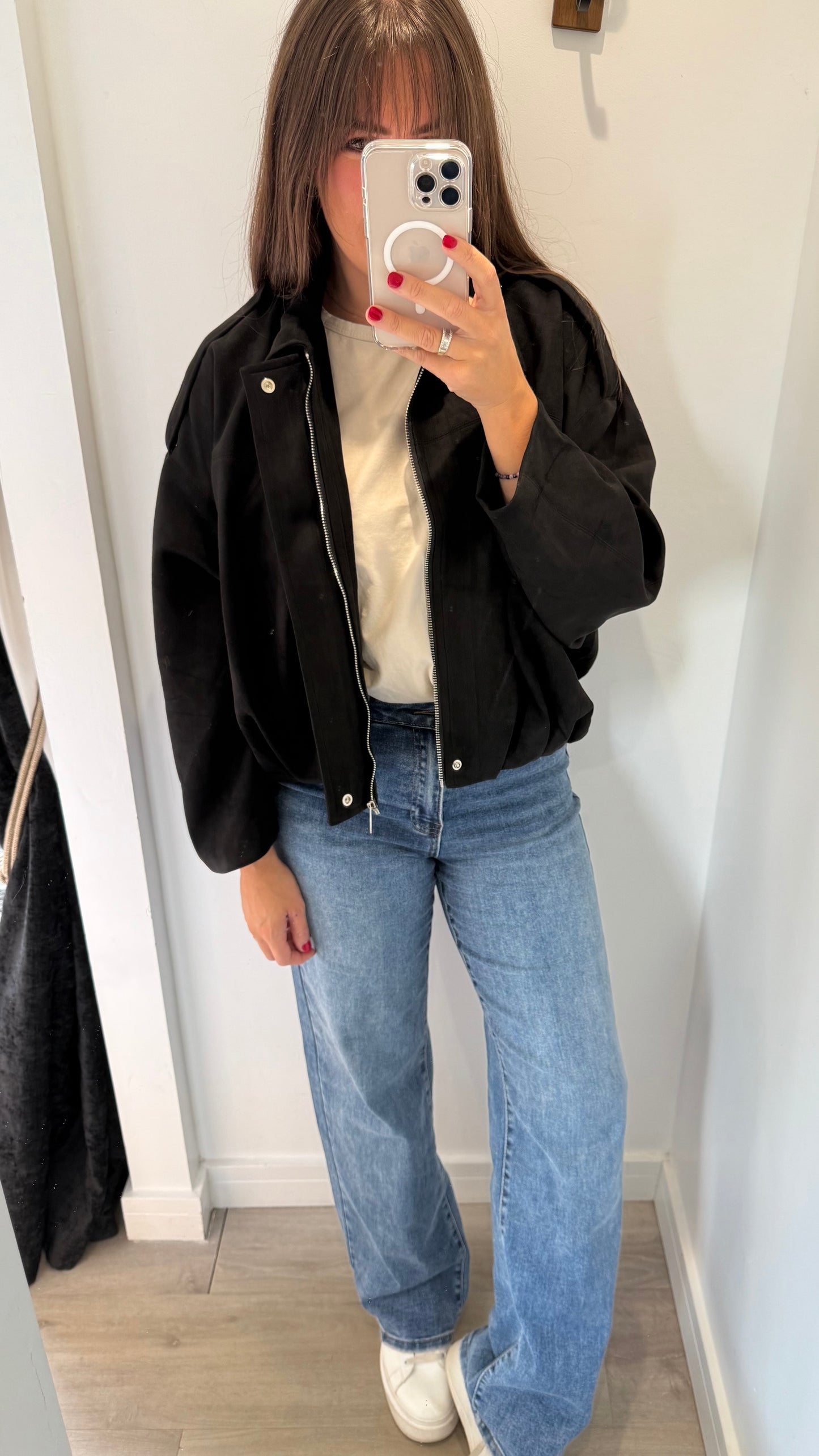 BLACK SUEDETTE BOMBER JACKET