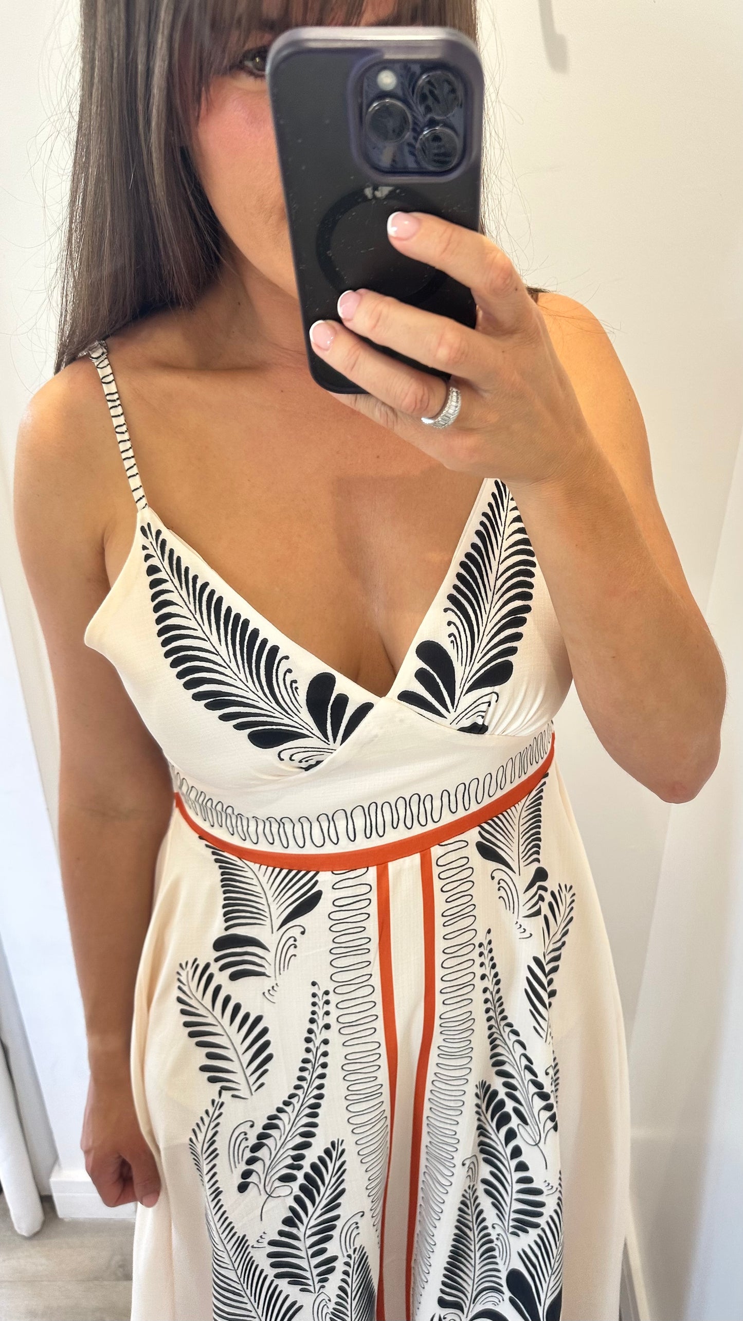 WHITE MAXI DRESS WITH BLACK LEAF PRINT & CORAL TRIM
