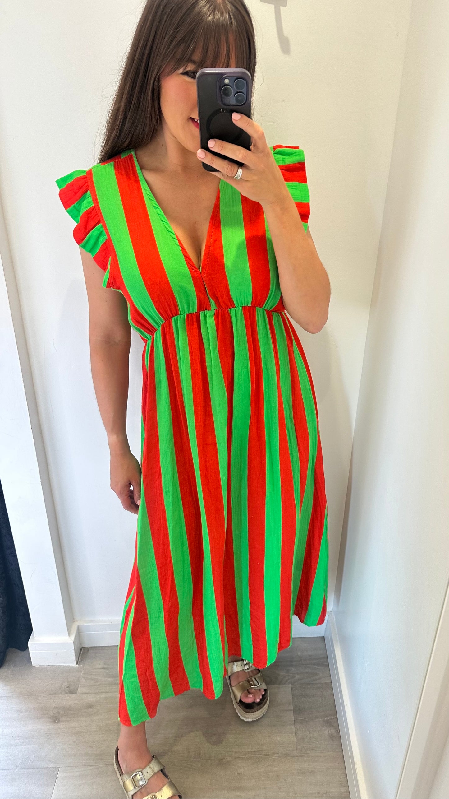 RED AND GREEN STRIPE CHEESECLOTH MIDI DRESS