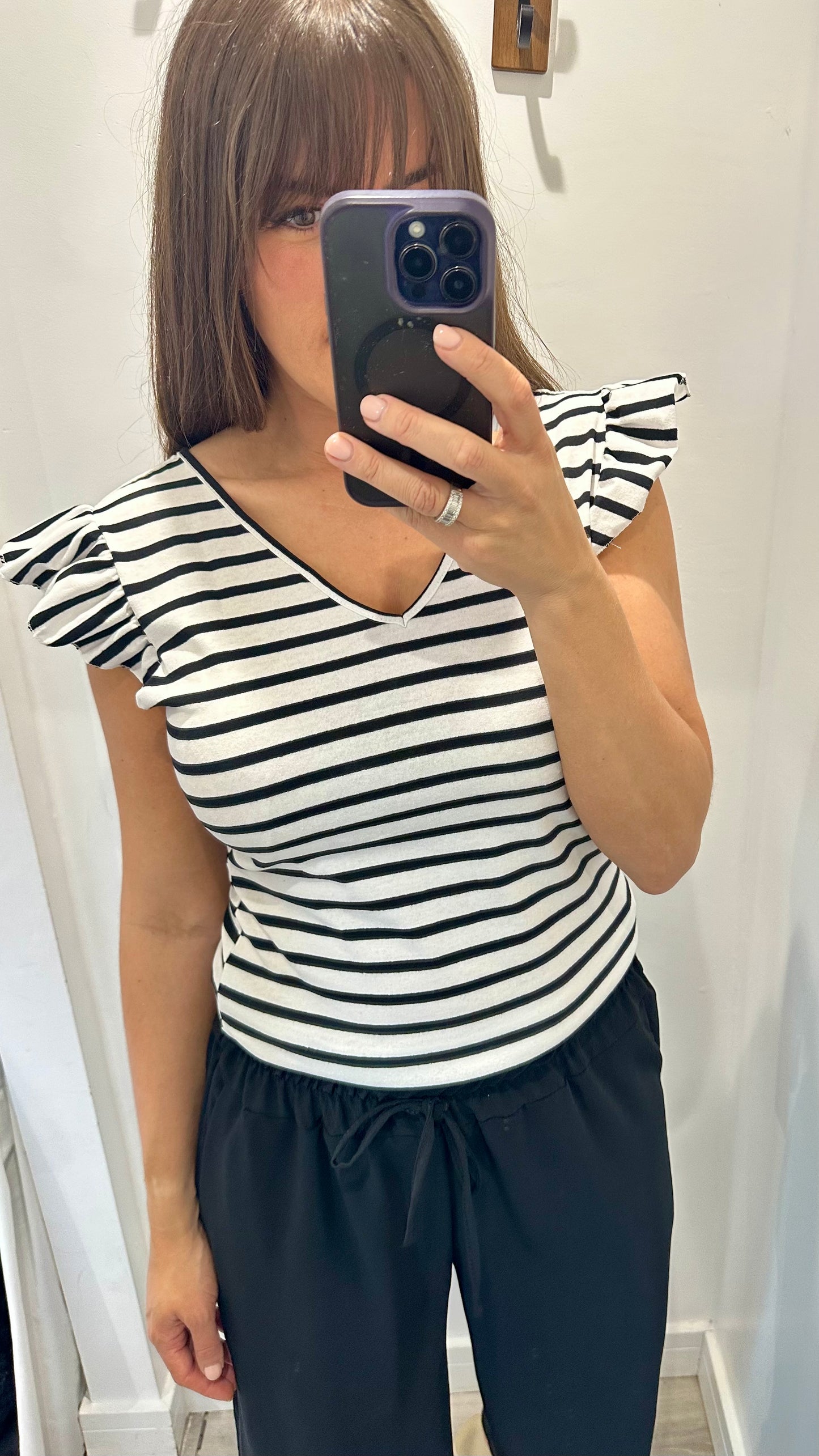 BLACK AND WHITE STRIPE FRILL SLEEVE V-NECK TOP
