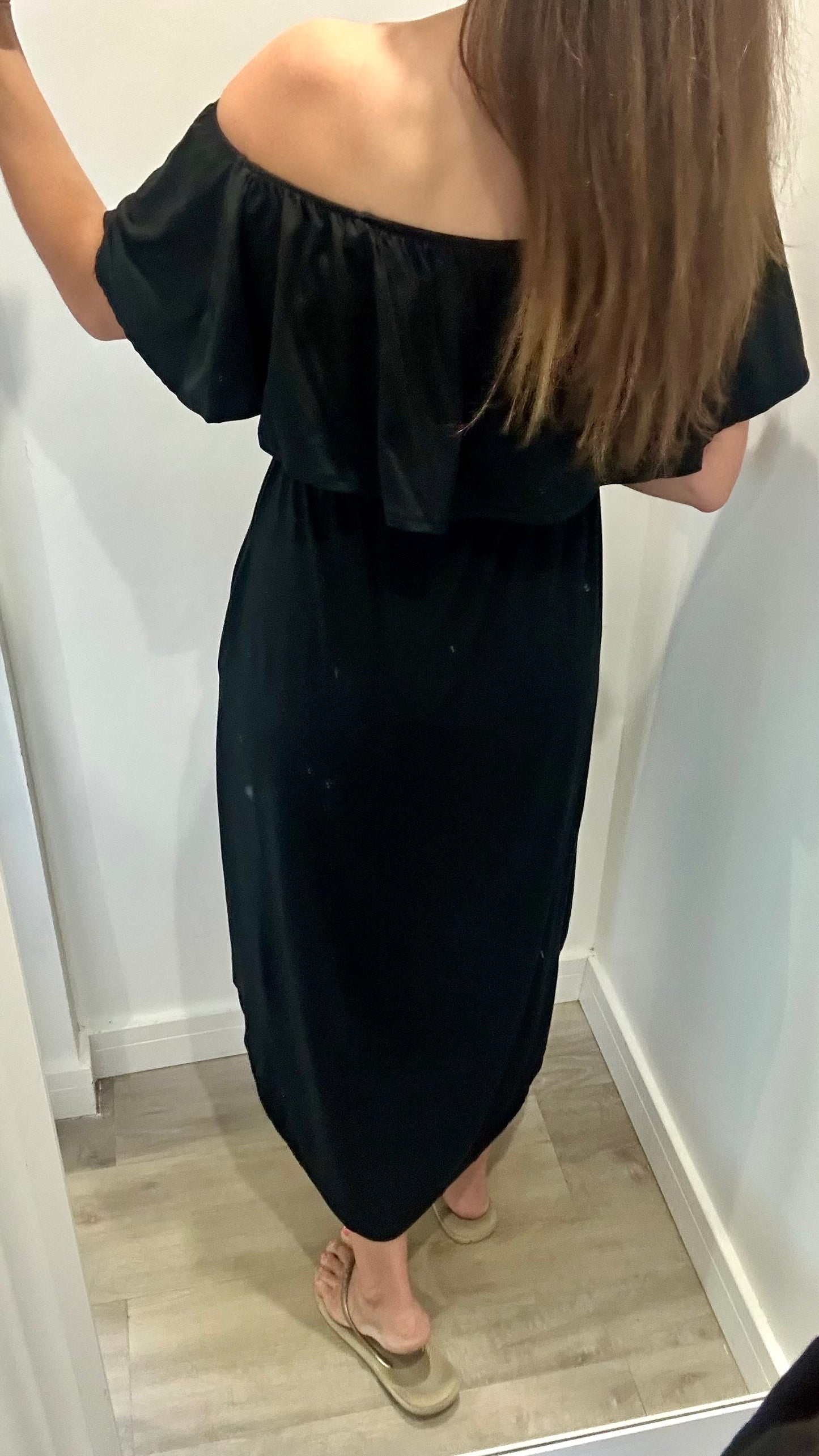BLACK JERSEY BARDOT MIDI DRESS