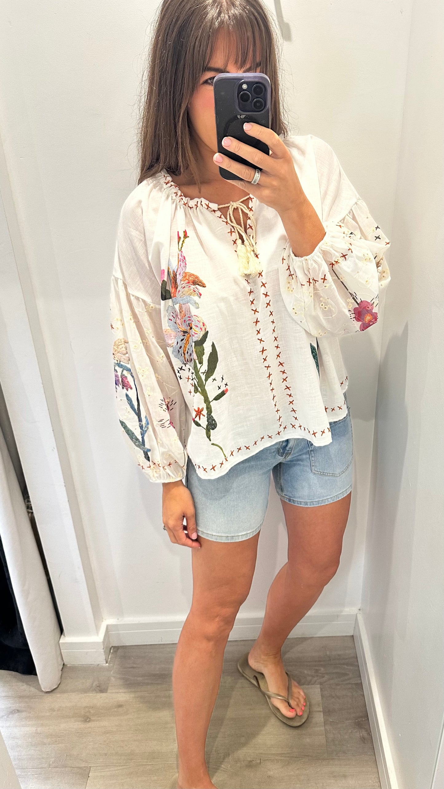 WHITE BOHO BARDOT TOP WITH FLORAL SEQUINS